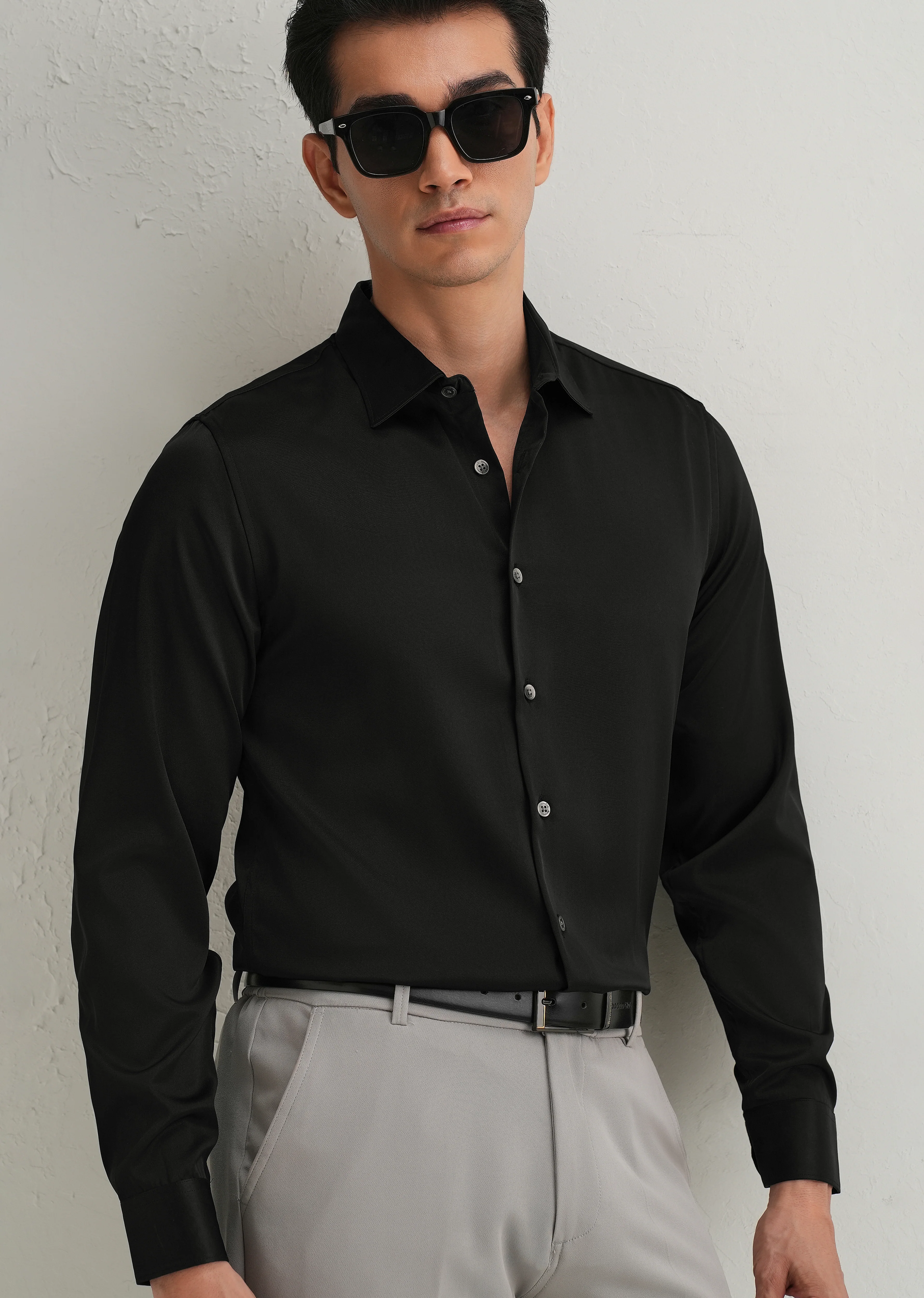 Black Premium Satin-Finish Plain Shirt - Image 7