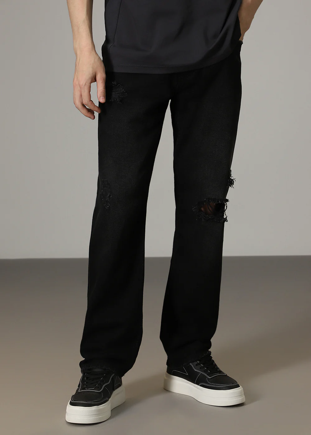 Black Ripped Straight Fit Jeans - Image 3