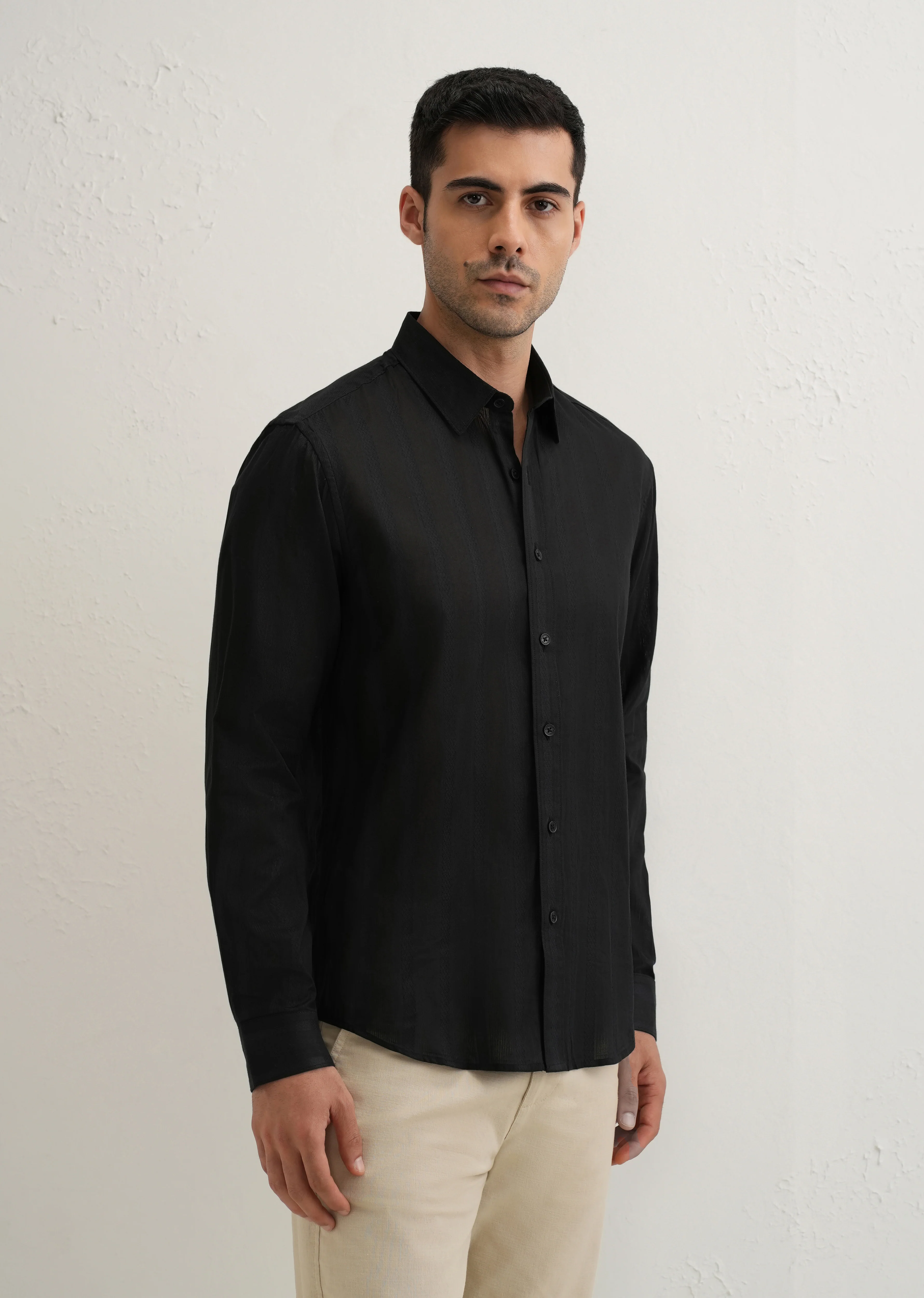 Black Self Pattern Blended Cotton Shirt - Image 4