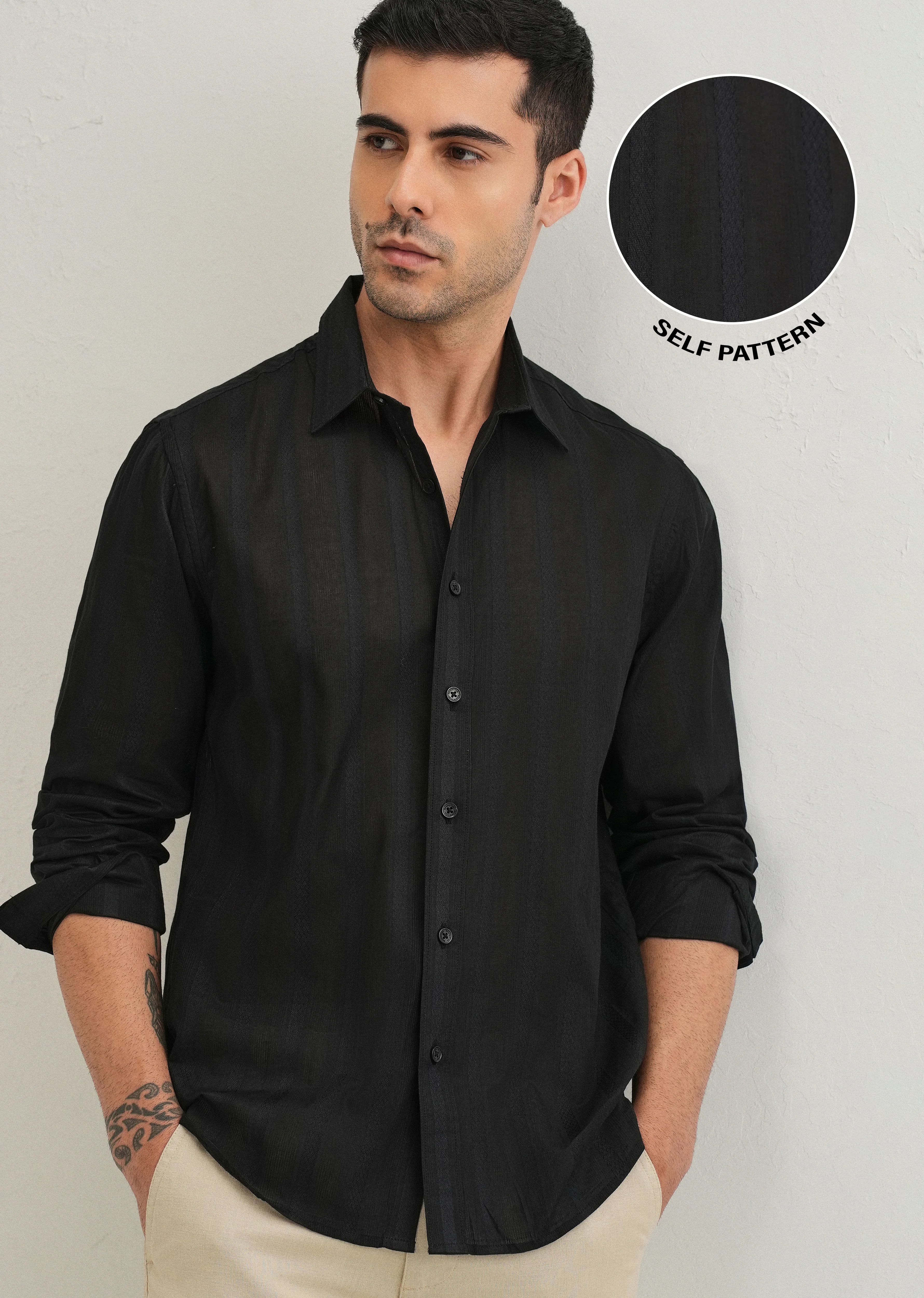Black Self Pattern Blended Cotton Shirt - Image 7