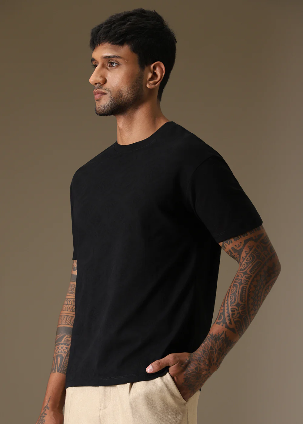 Black Self Pattern Regular T-Shirt - Image 5
