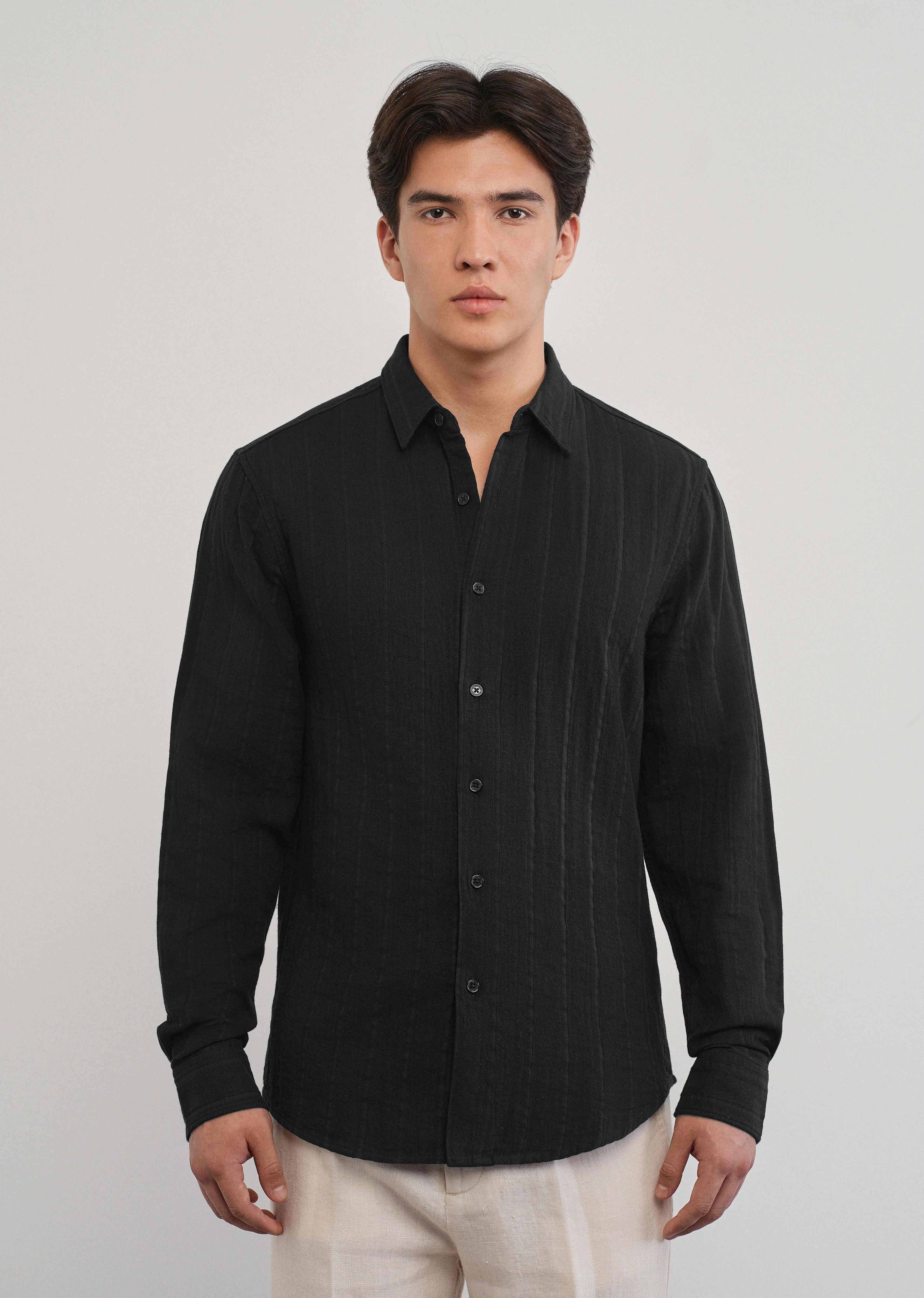 Black Self Striped Cotton Shirt - Image 3