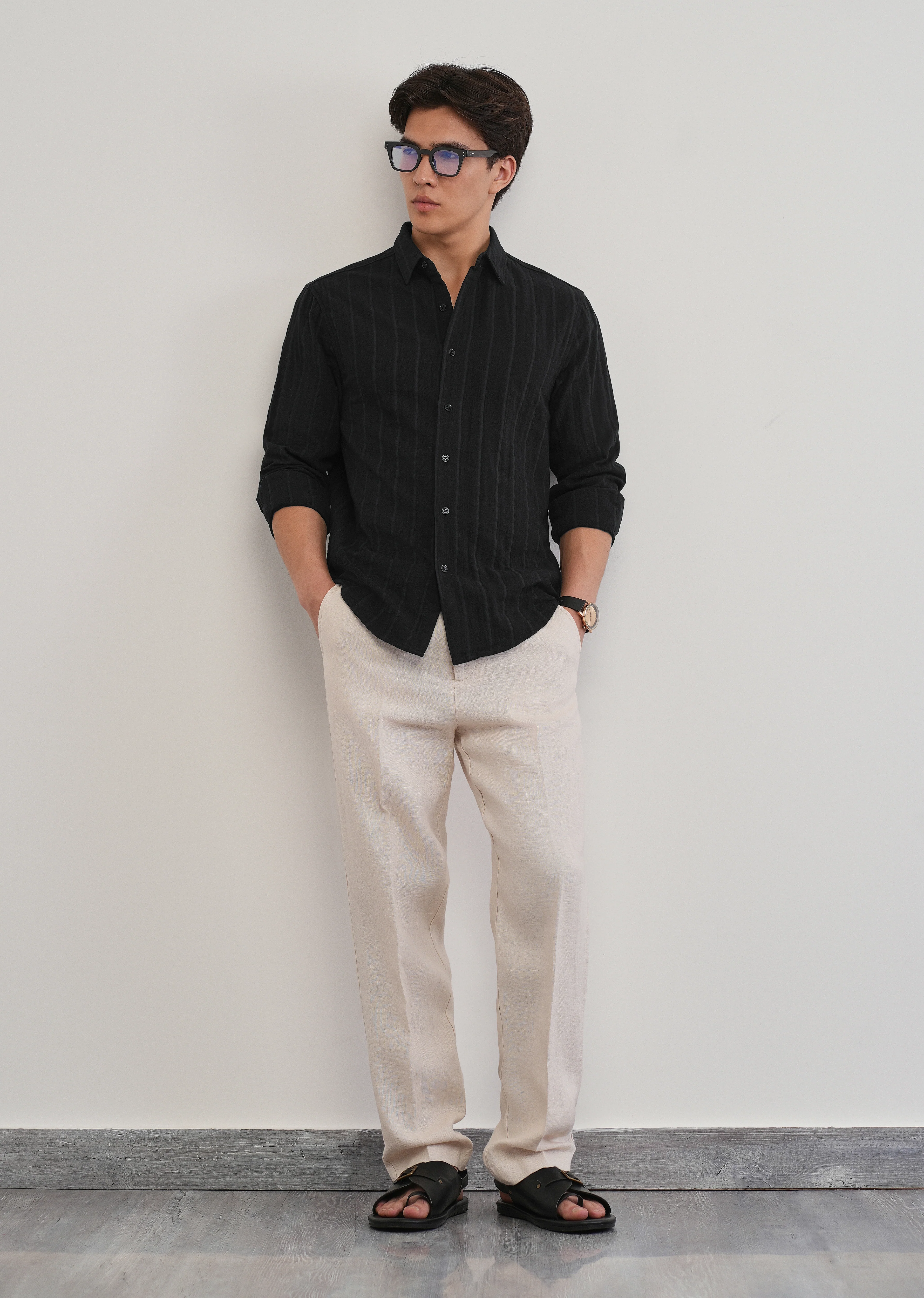 Black Self Striped Cotton Shirt - Image 6