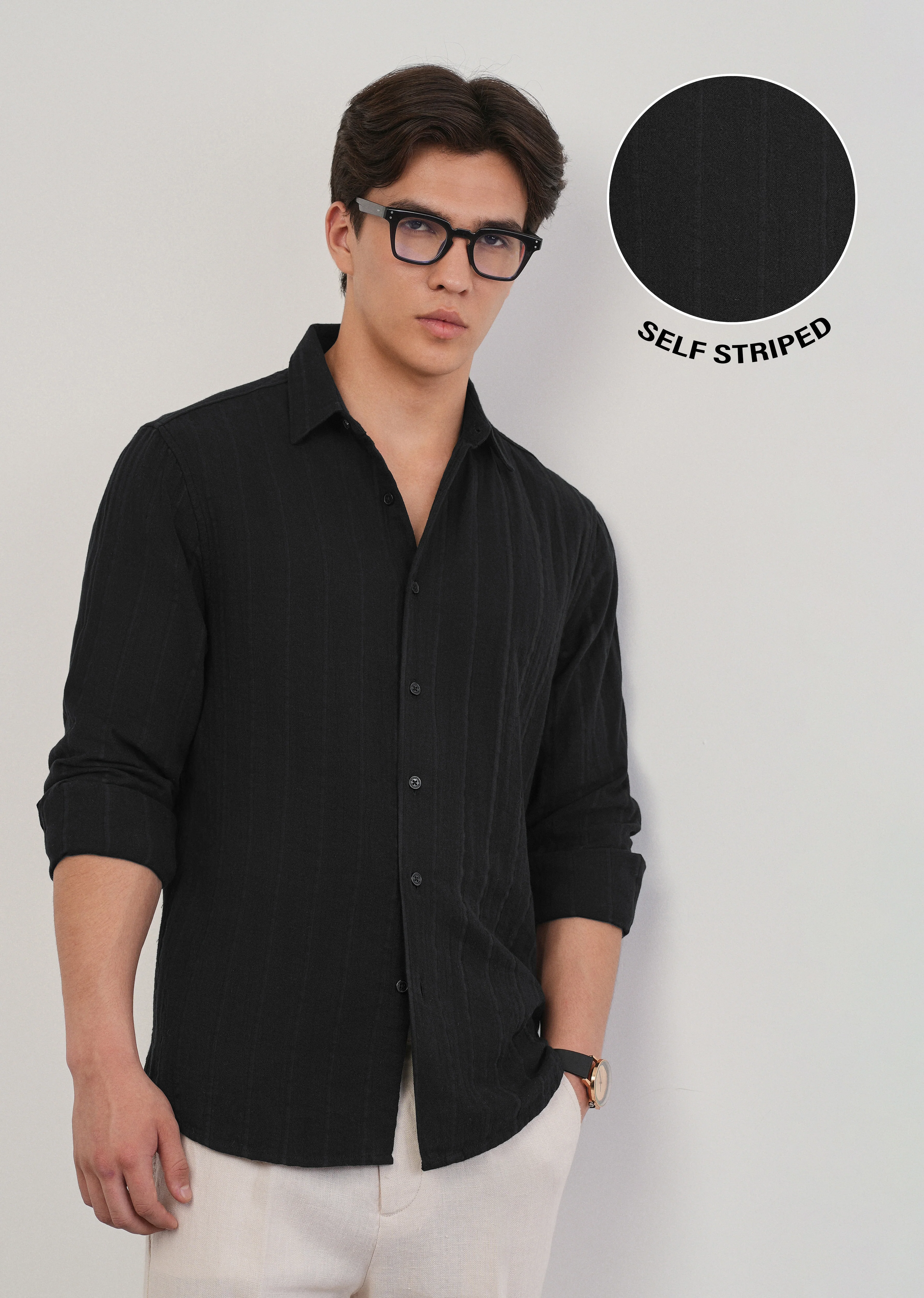 Black Self Striped Cotton Shirt - Image 7