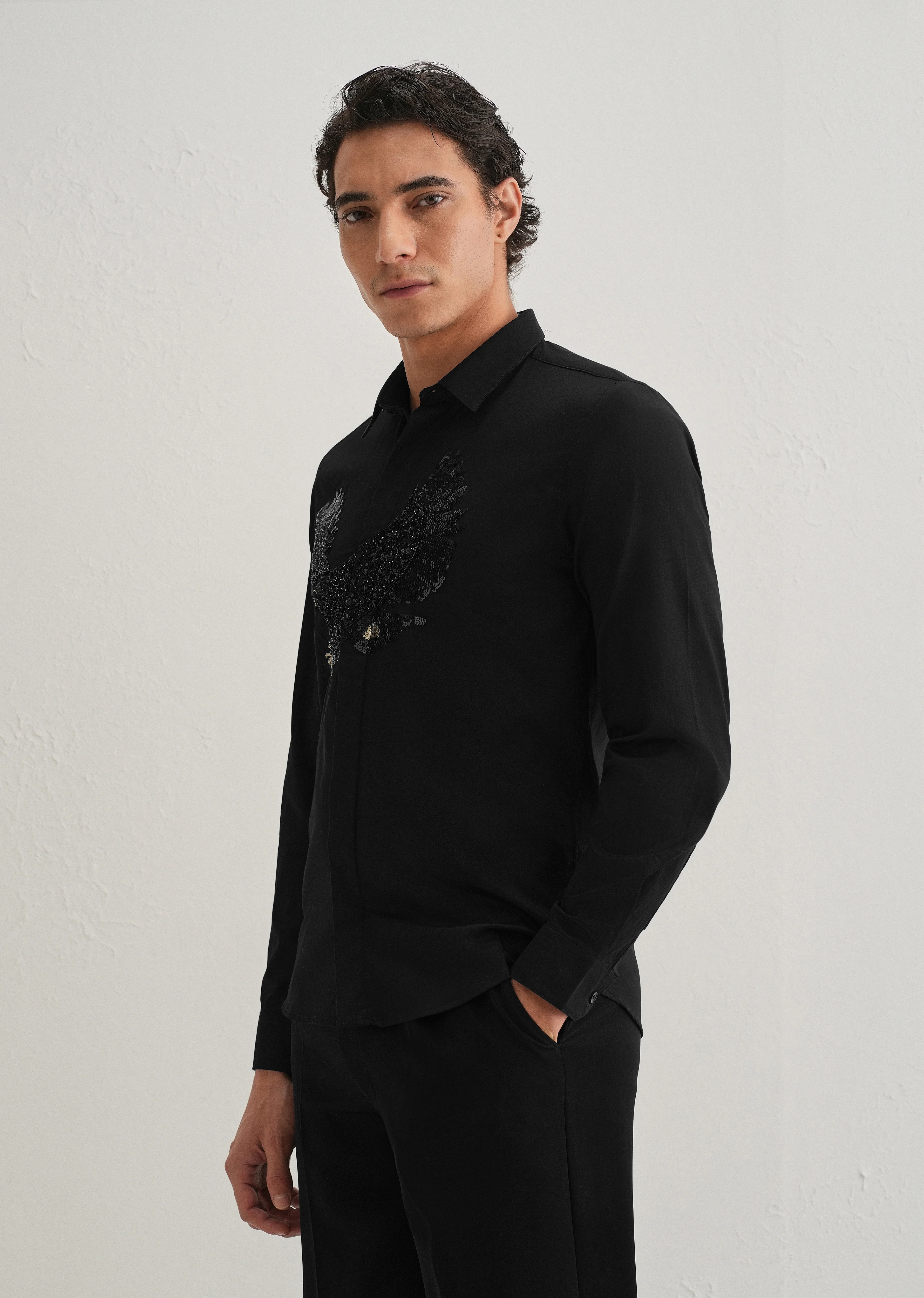Black Sequin Handcrafted Designer Shirt - Image 4