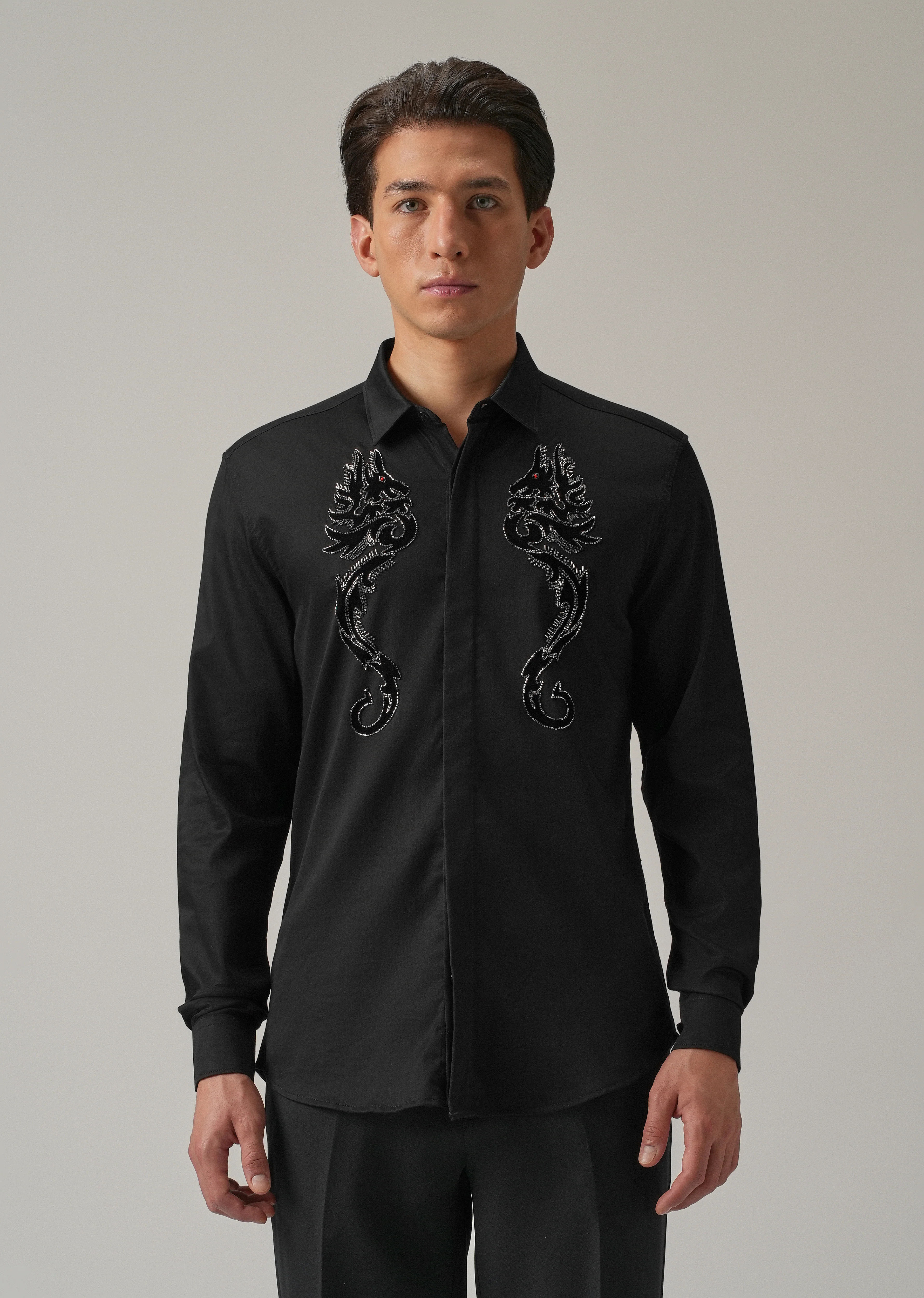Black Serpentine Dragon Handwork Designer Shirt - Image 3