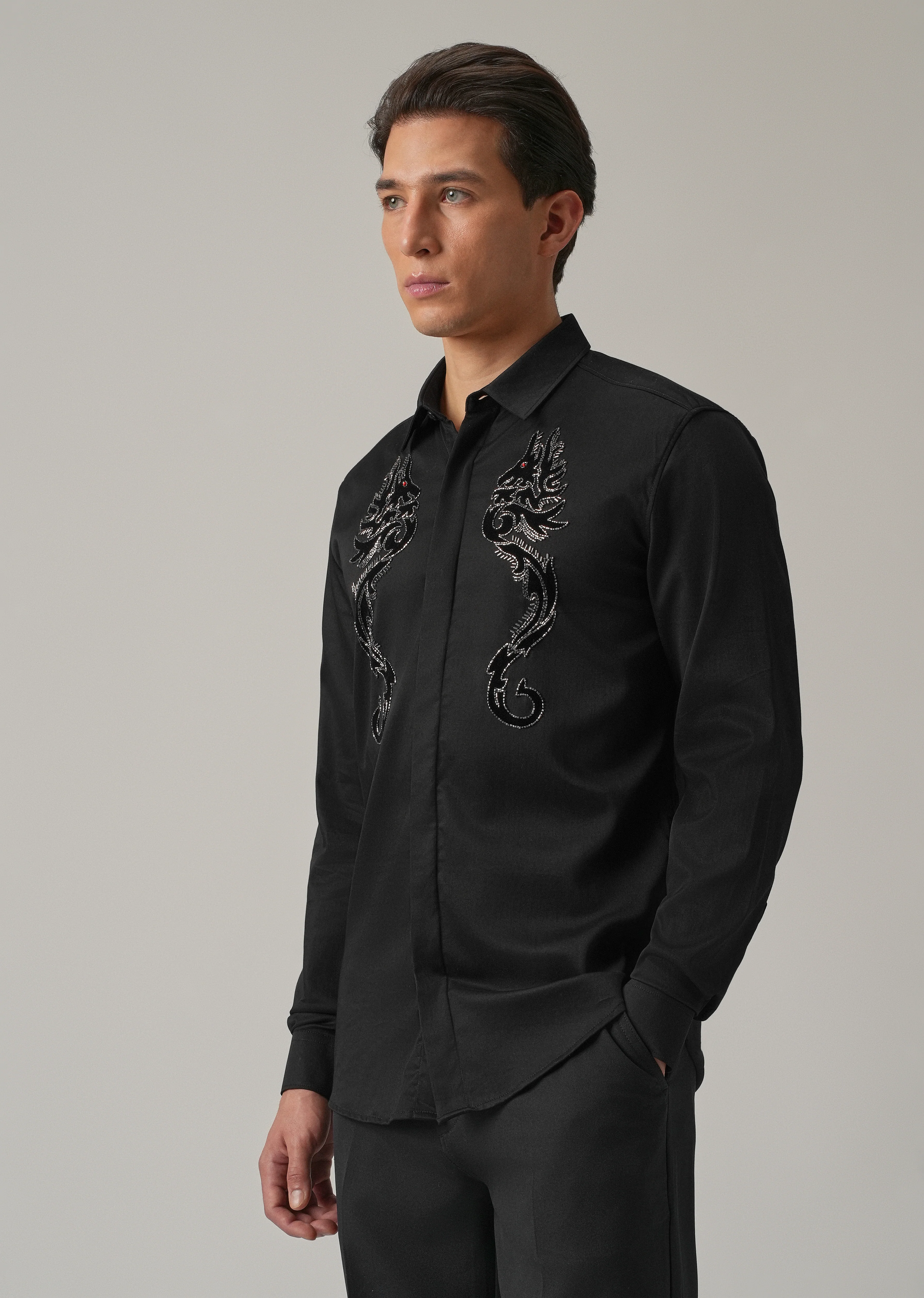 Black Serpentine Dragon Handwork Designer Shirt - Image 4