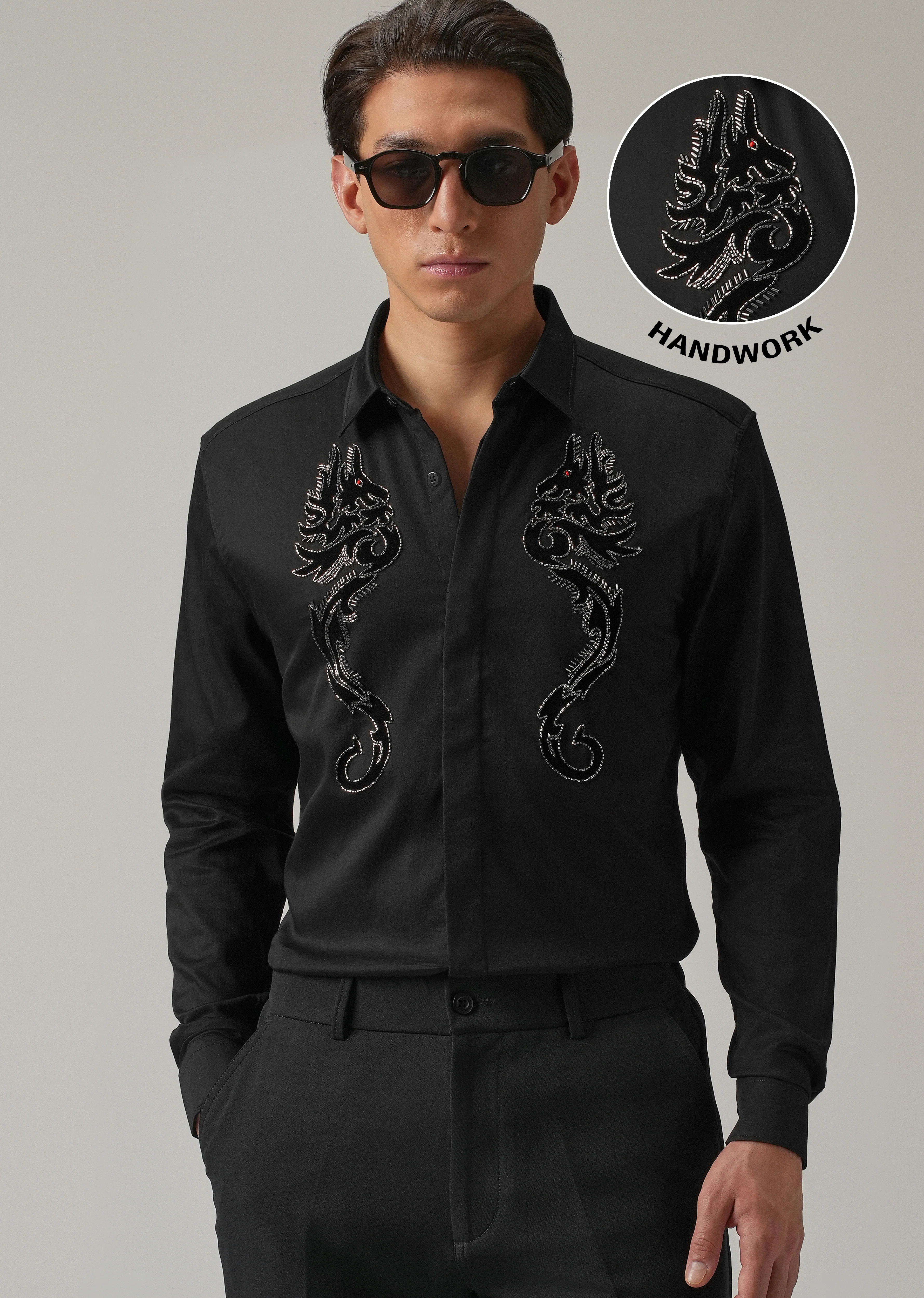 Black Serpentine Dragon Handwork Designer Shirt - Image 7