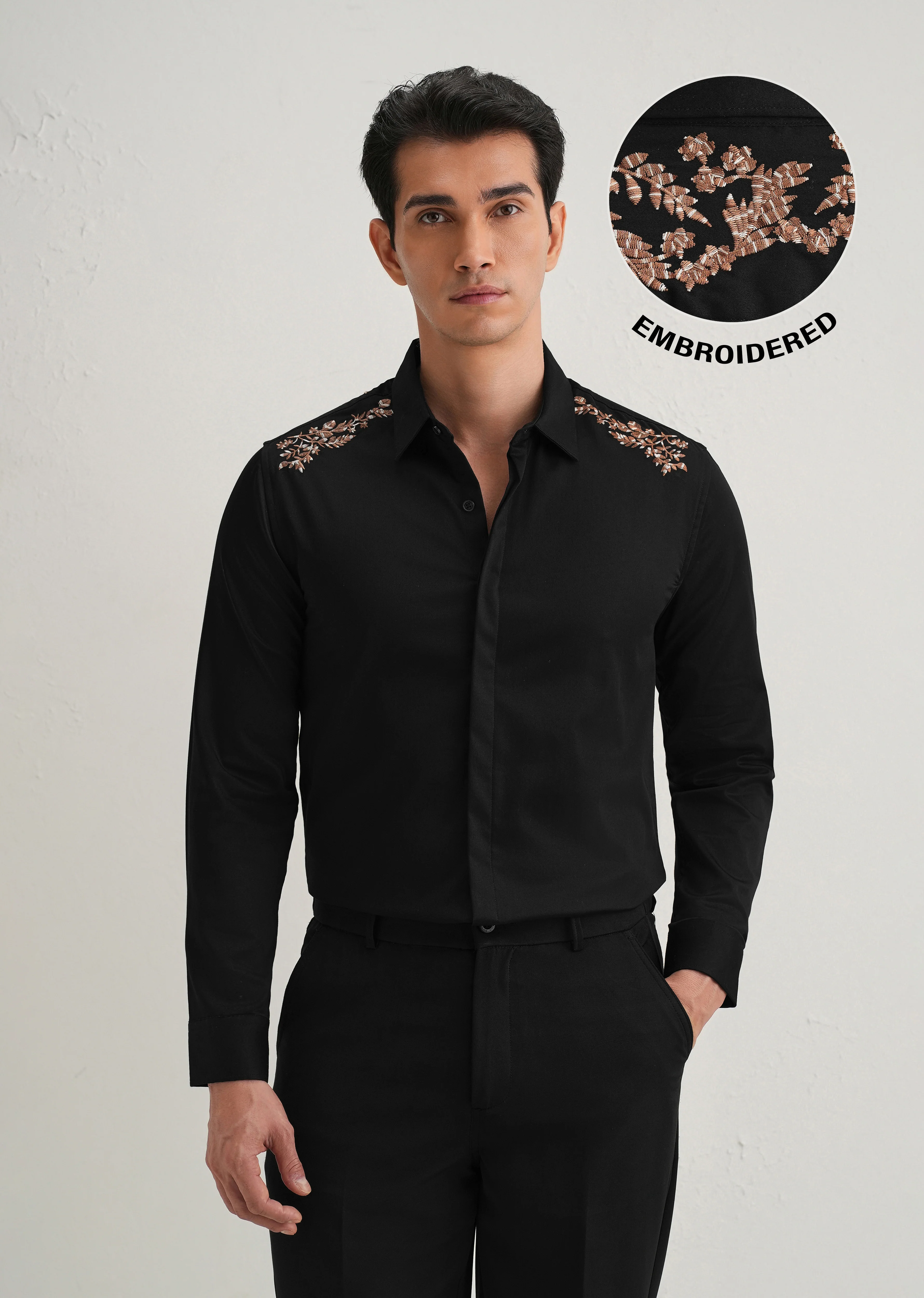 Black Shoulder Embroidery Designer Shirt - Image 2