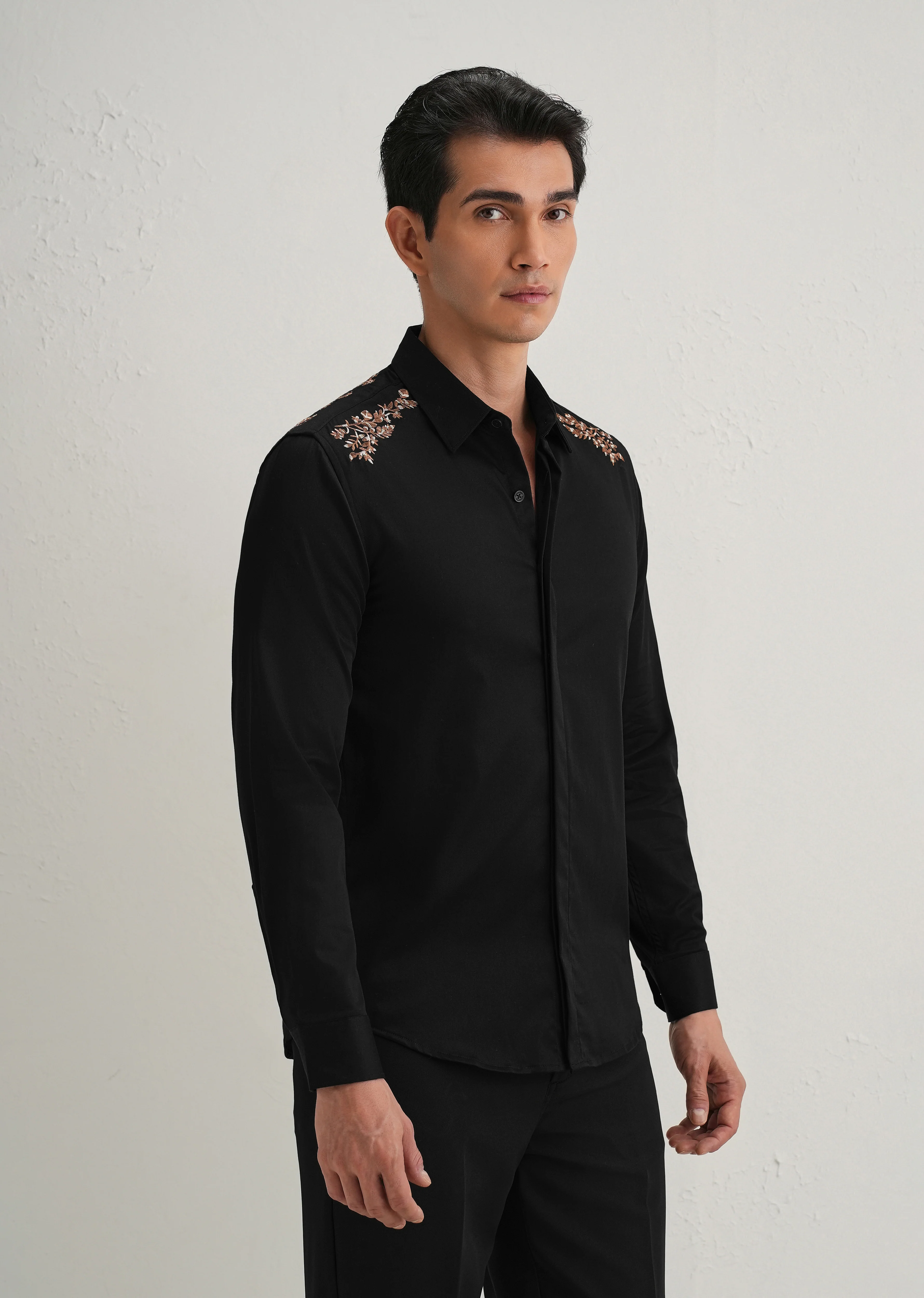 Black Shoulder Embroidery Designer Shirt - Image 6