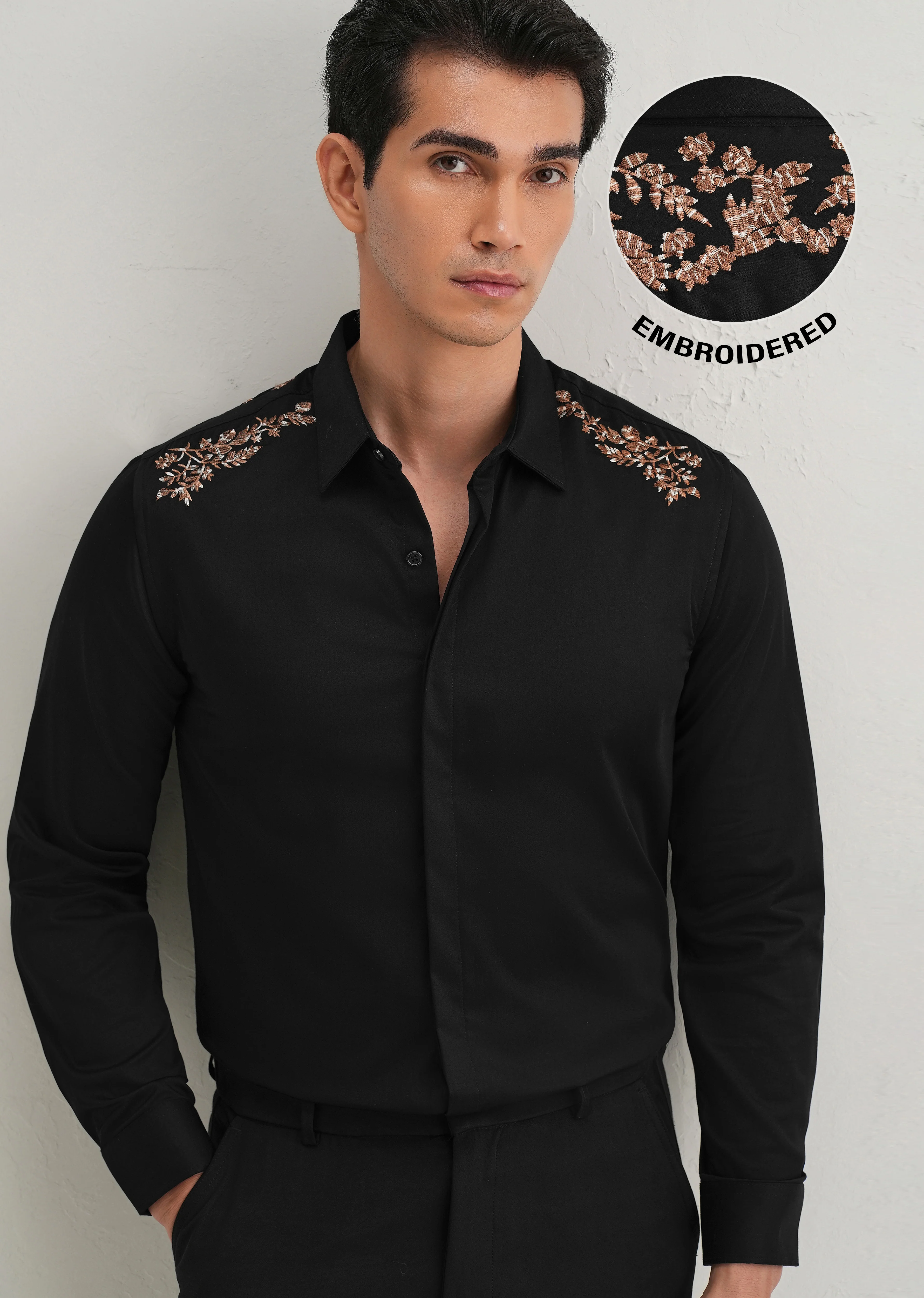 Black Shoulder Embroidery Designer Shirt - Image 9