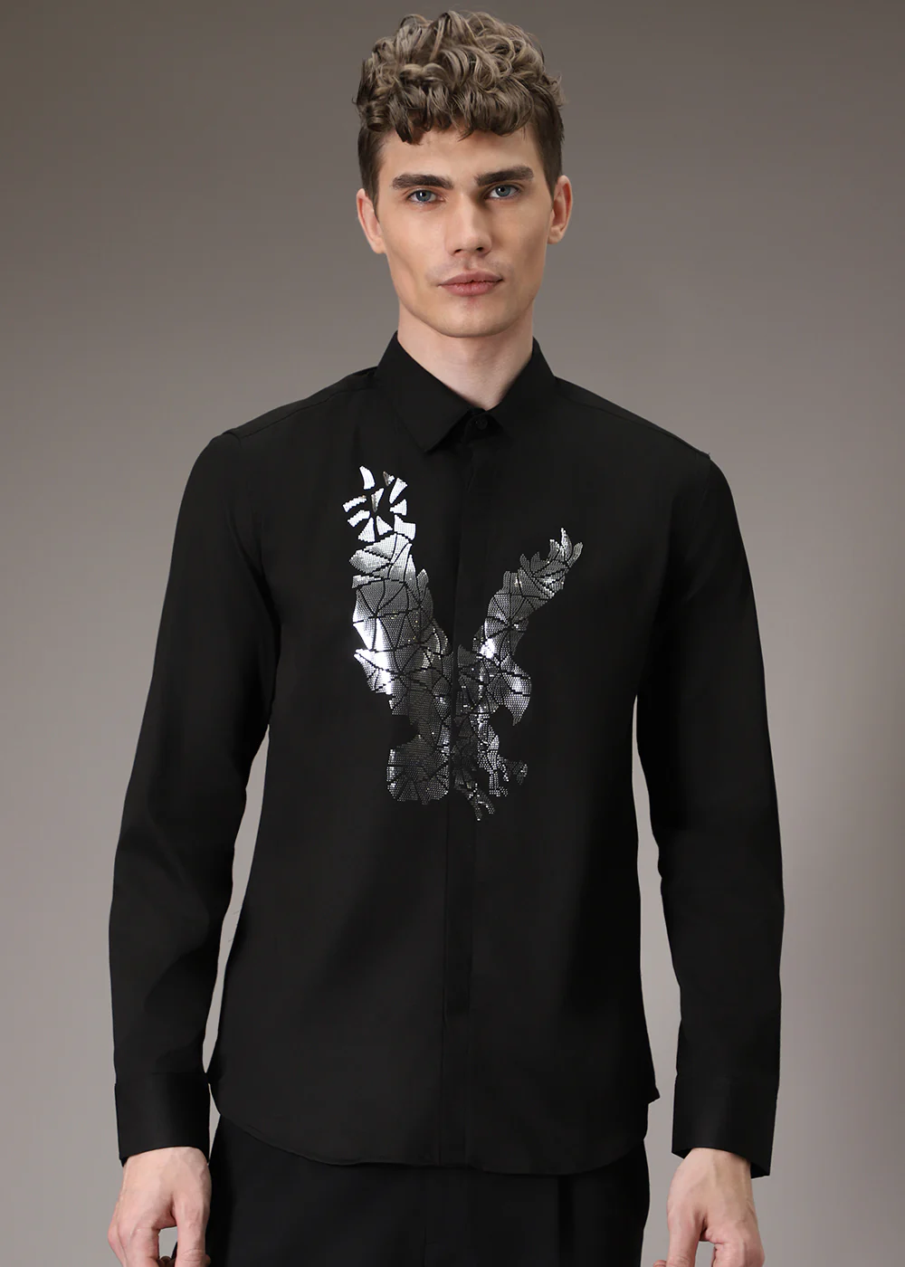 Black Soar Eagle Sequin Designer Shirt - Image 3
