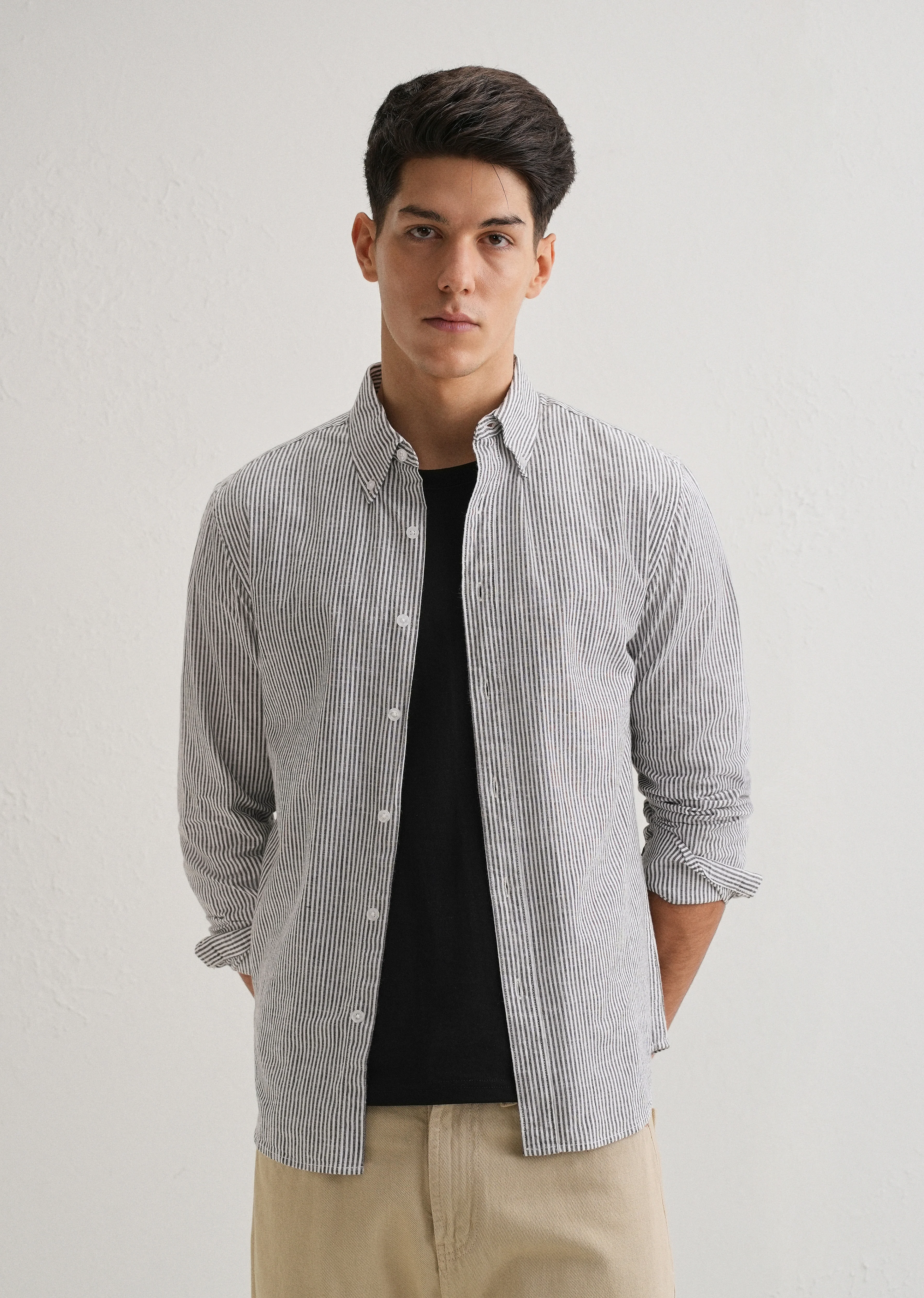 Black Striped Cotton Linen Shirt - Image 7