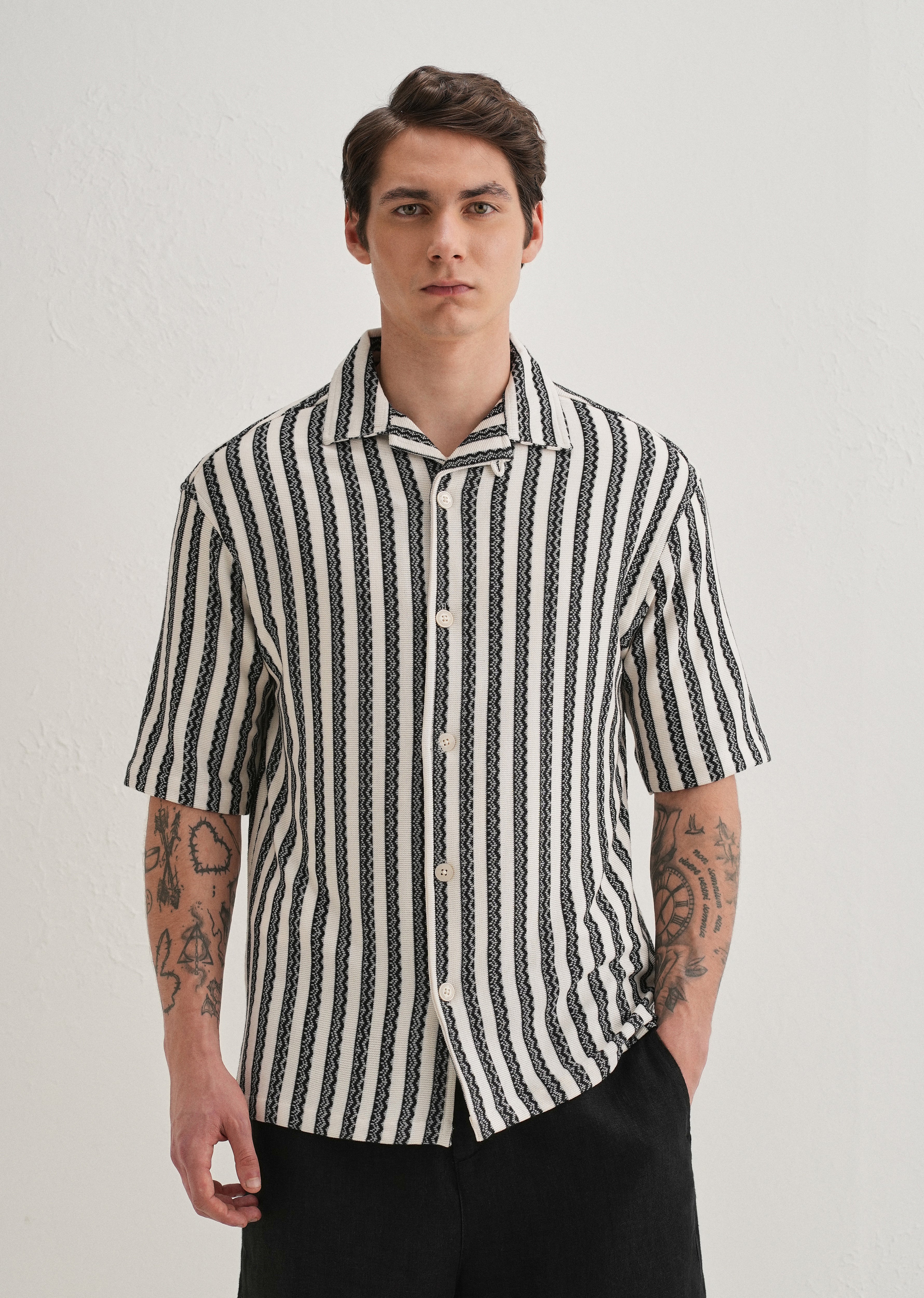 Black Striped Knit Cuban Collar Shirt - Image 4