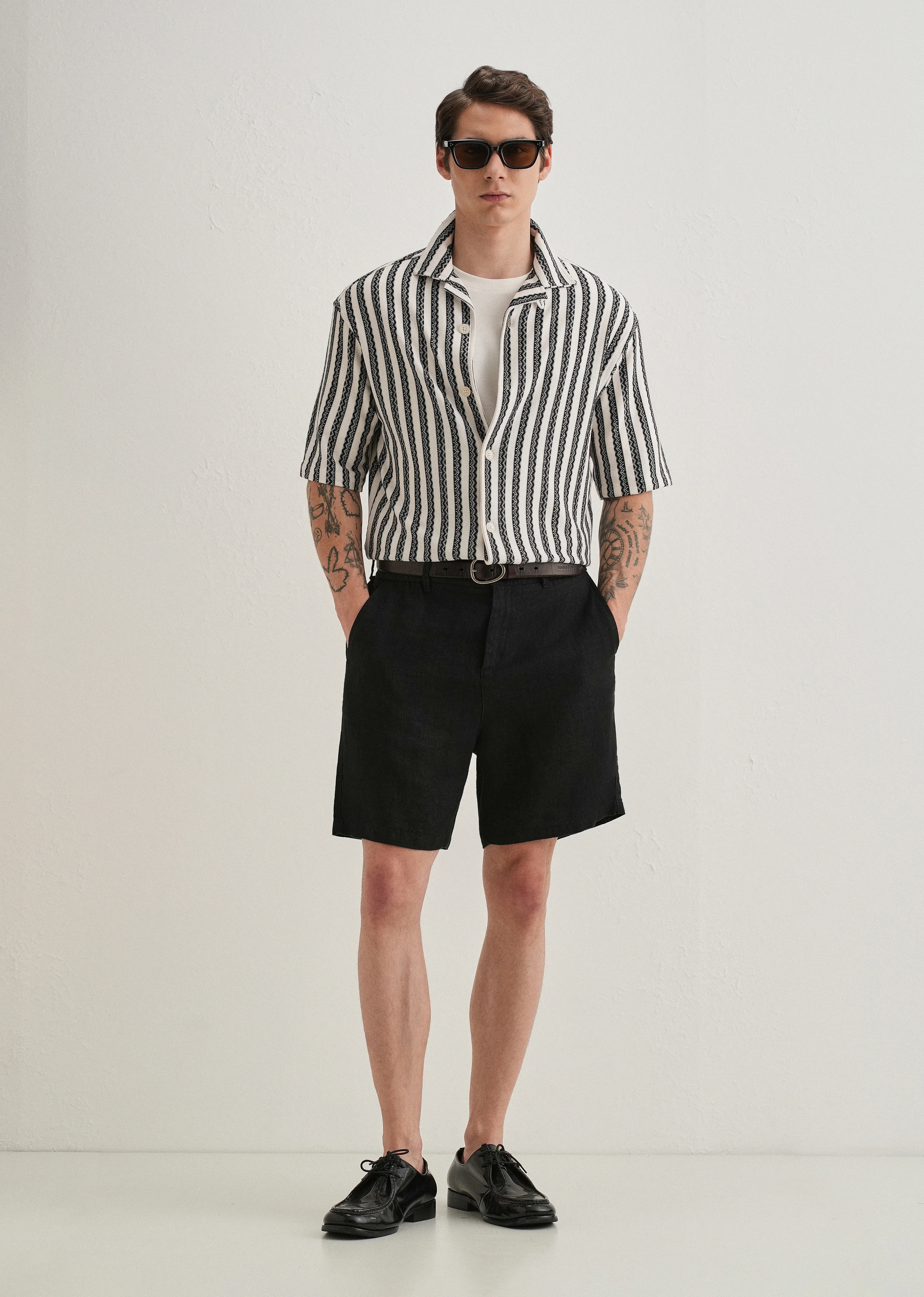 Black Striped Knit Cuban Collar Shirt - Image 6