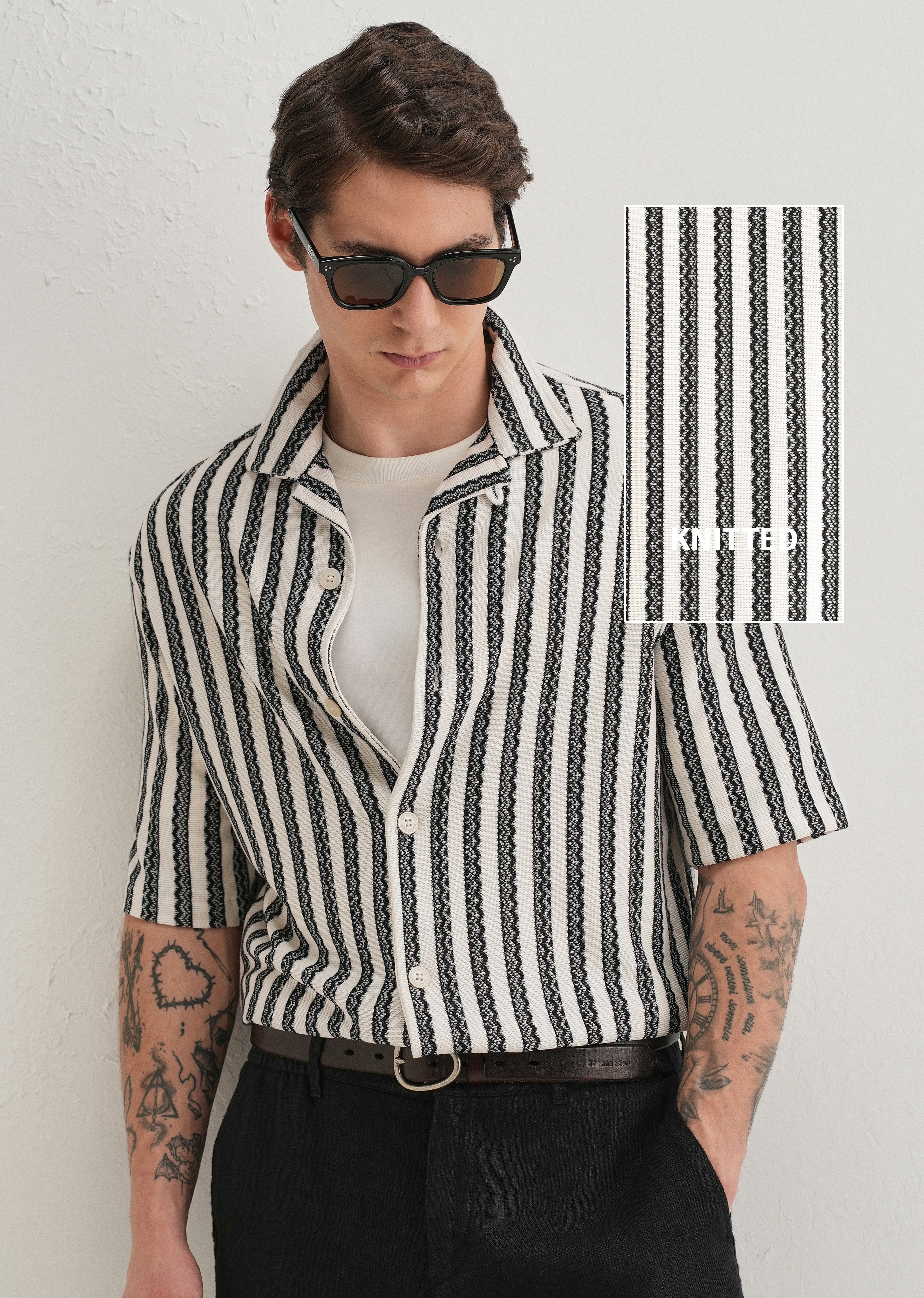 Black Striped Knit Cuban Collar Shirt - Image 7