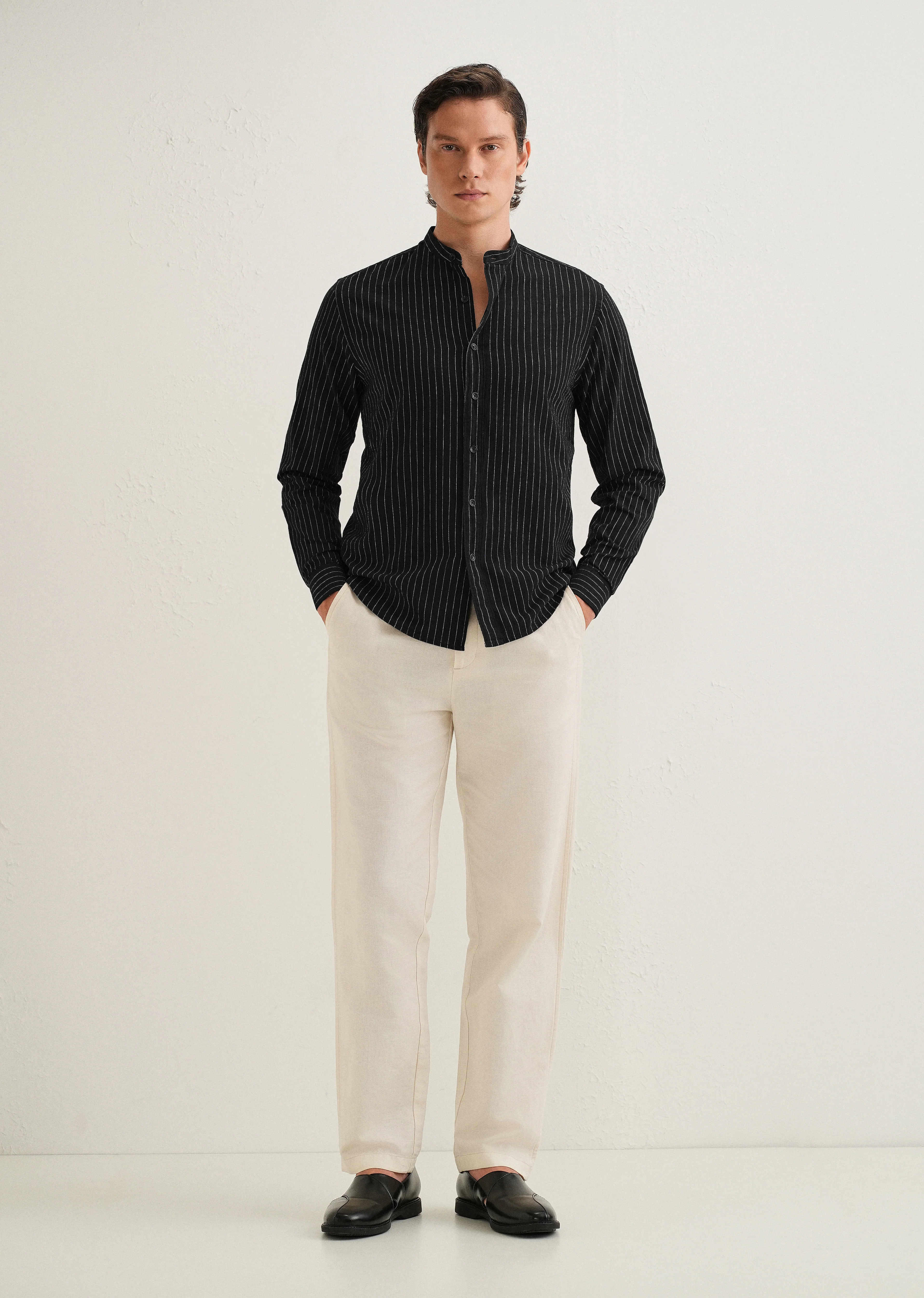Black Striped Mandarin Collar Cotton Shirt - Image 6
