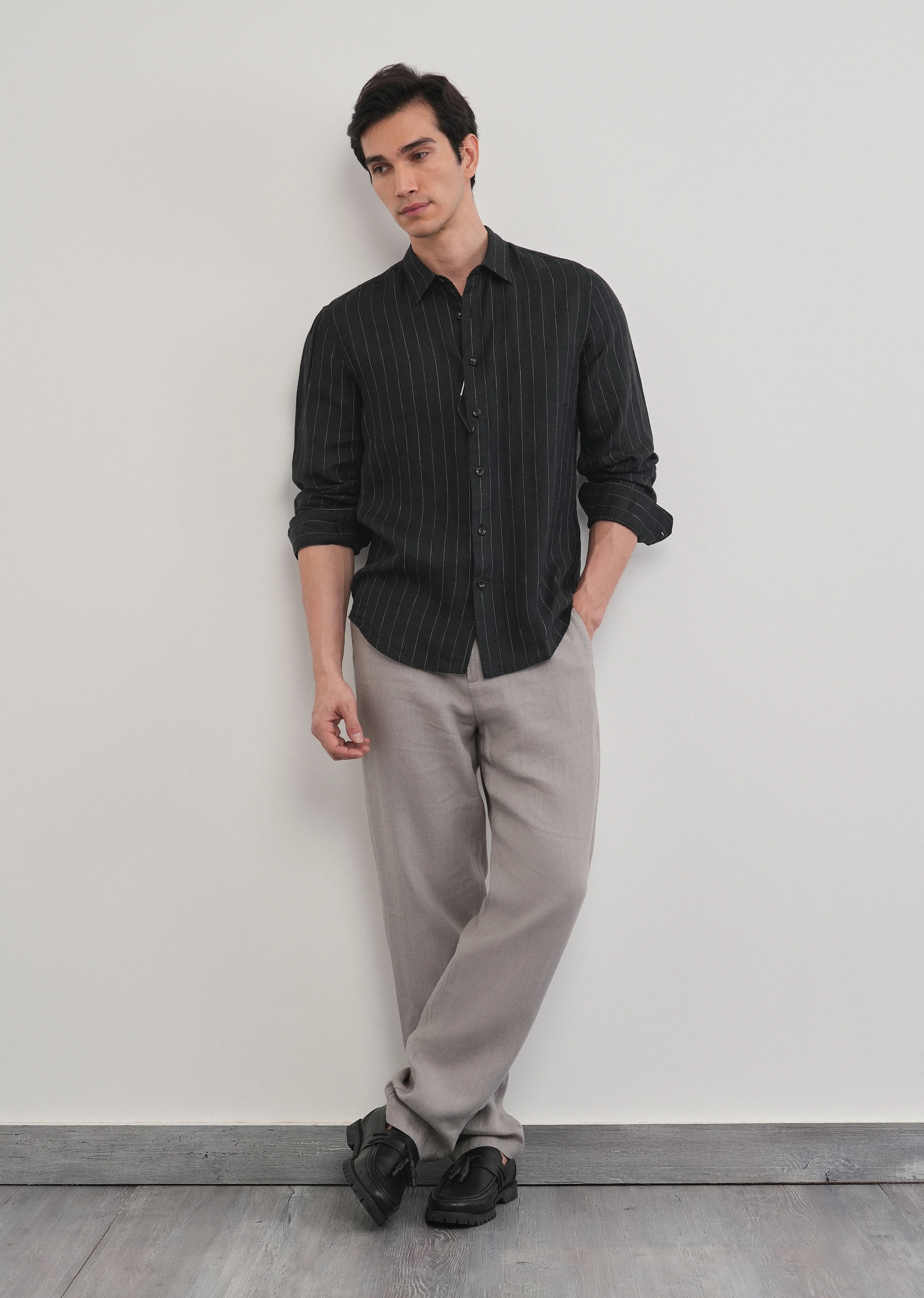 Black Striped Pure Linen Shirt - Image 7