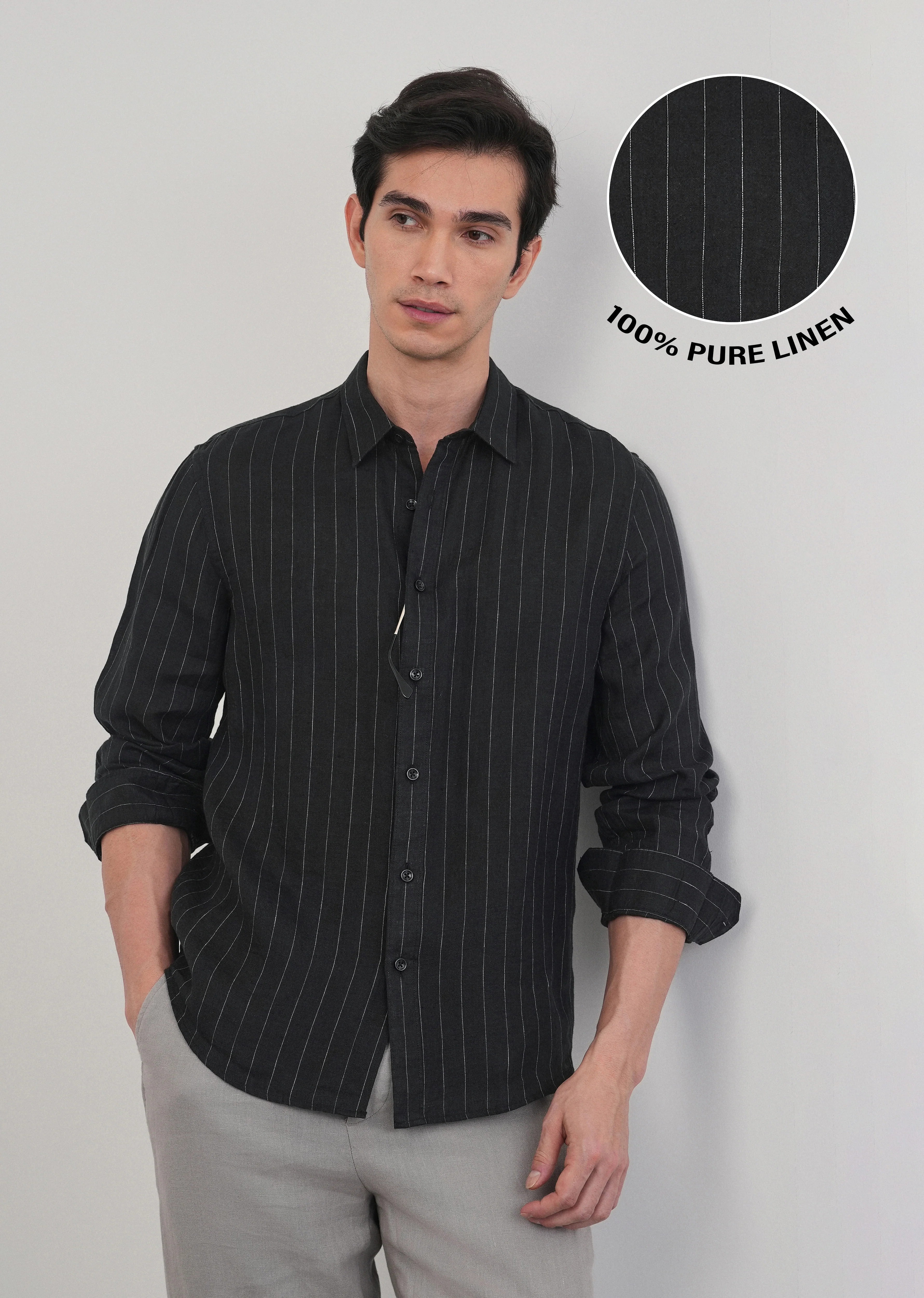 Black Striped Pure Linen Shirt - Image 8