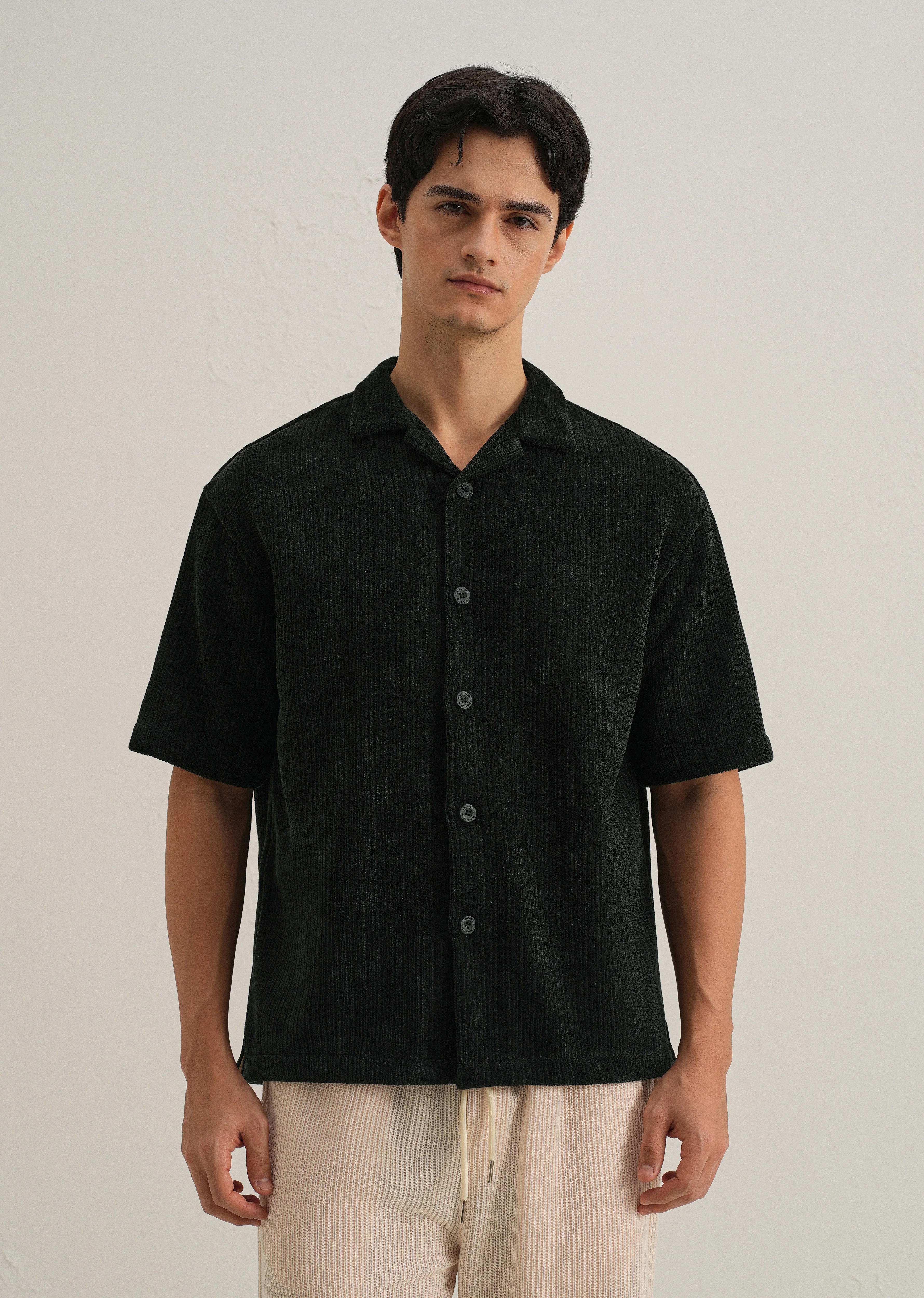 Black Suede Knit Cuban Collar Shirt - Image 3
