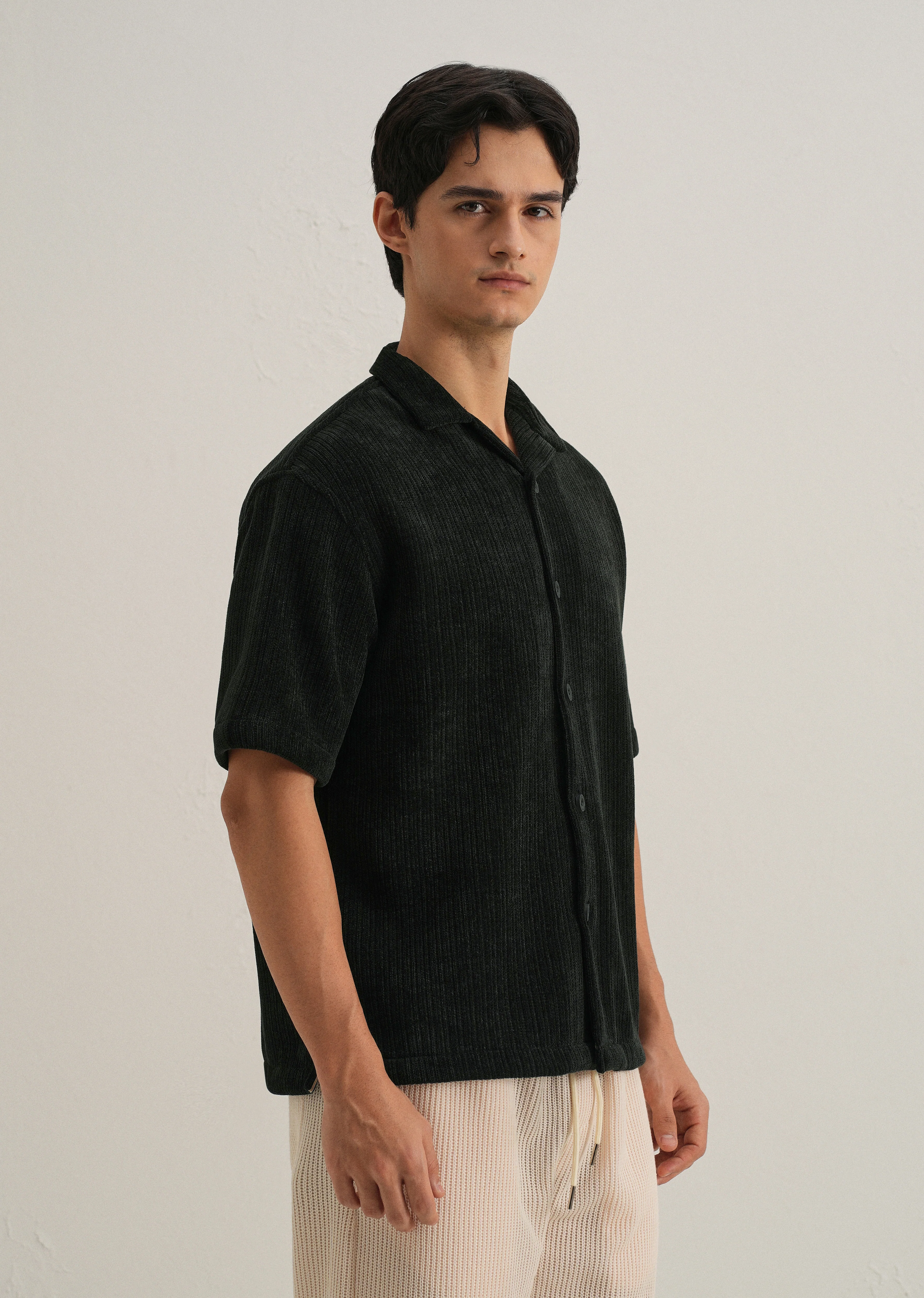 Black Suede Knit Cuban Collar Shirt - Image 4