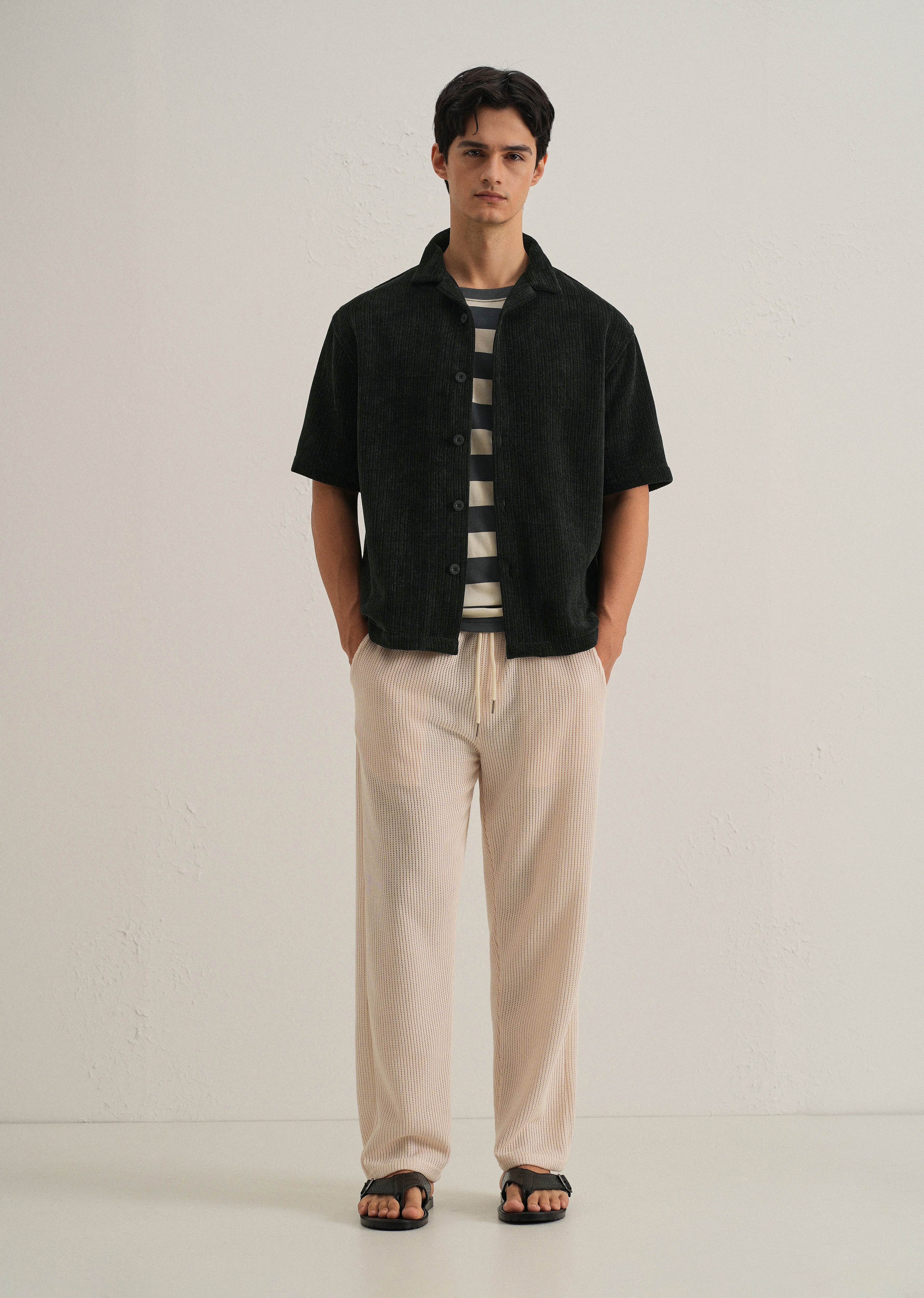 Black Suede Knit Cuban Collar Shirt - Image 6