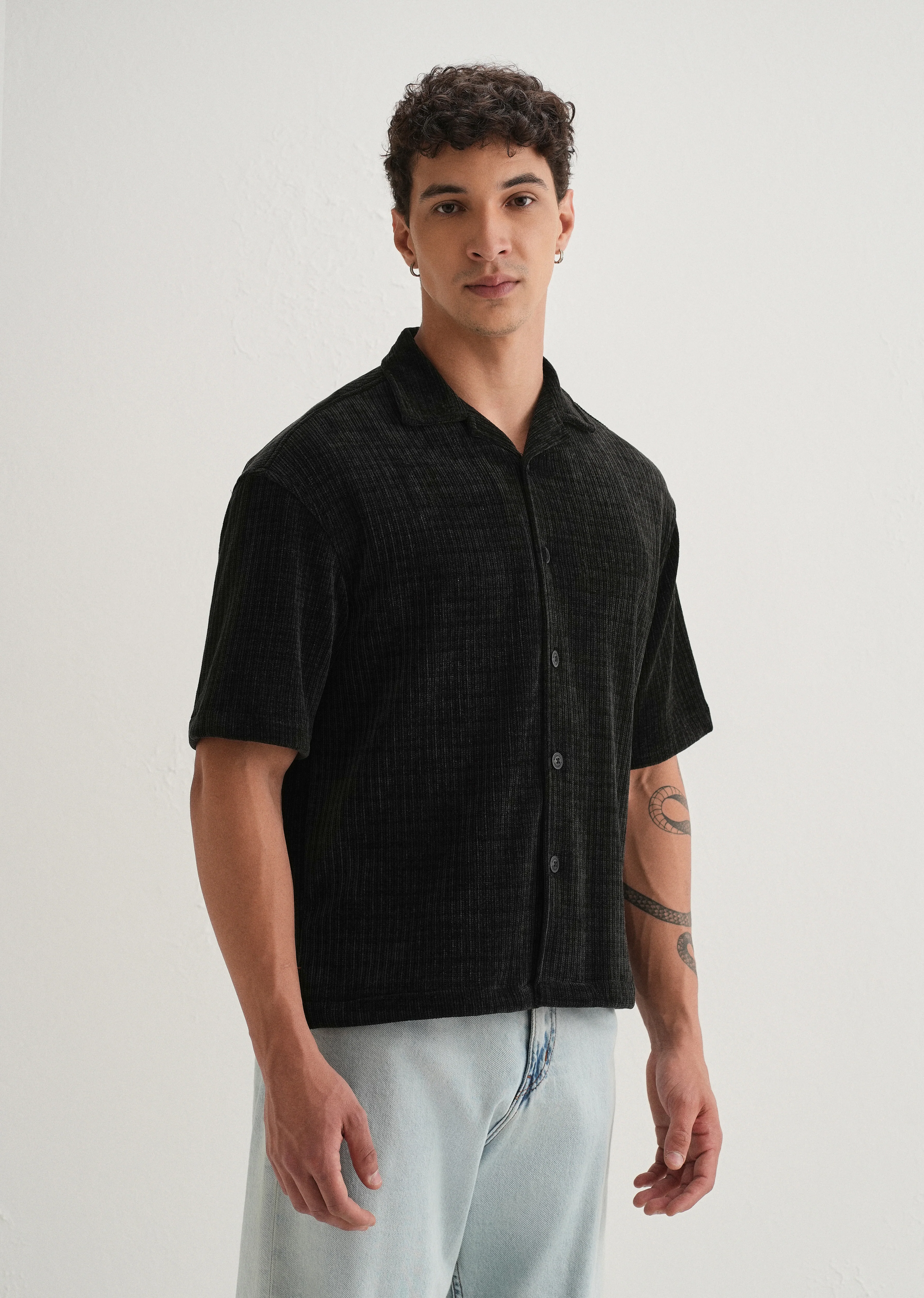 Black Suede Knit Half Sleeve Shirt - Image 4