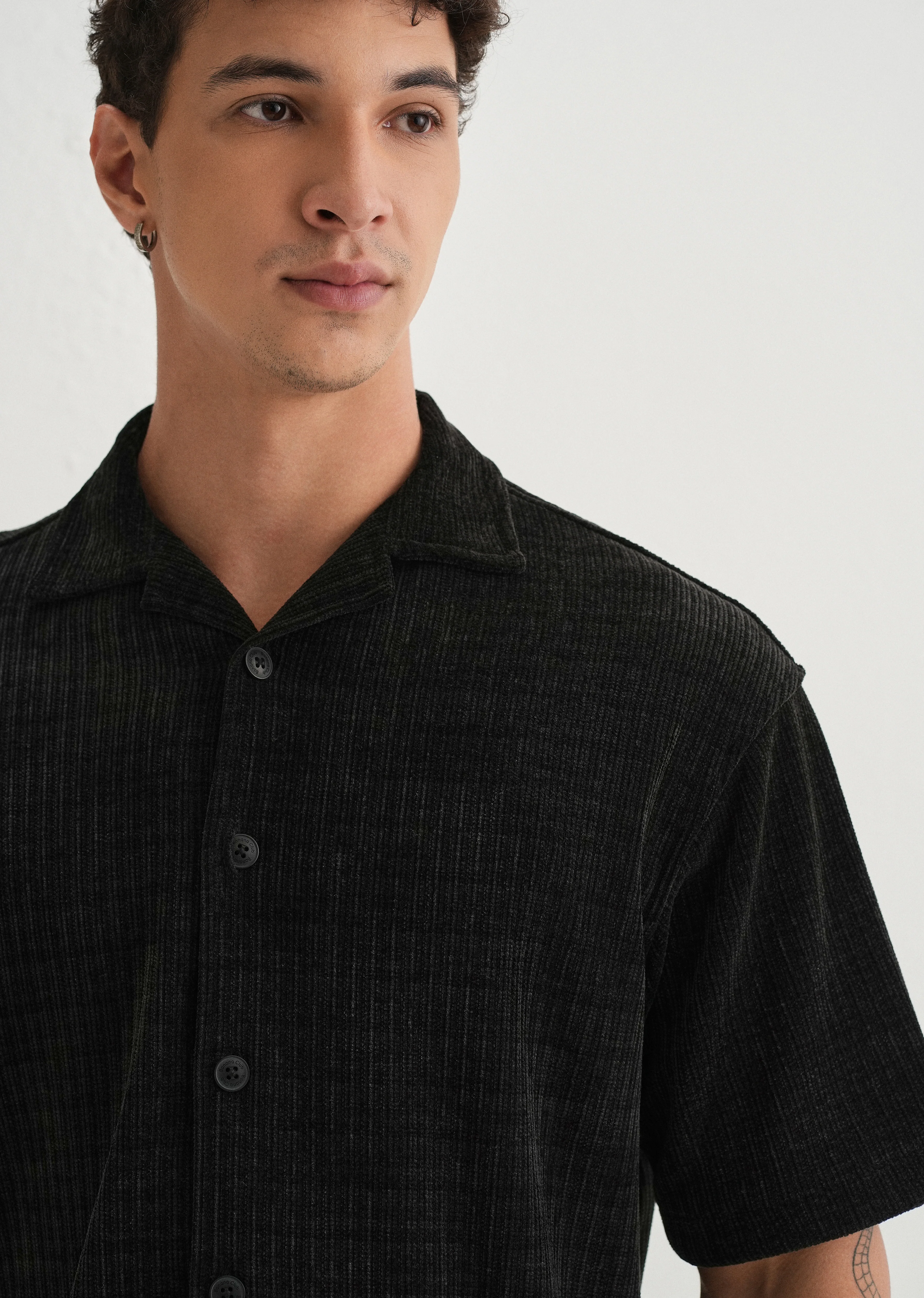 Black Suede Knit Half Sleeve Shirt - Image 5