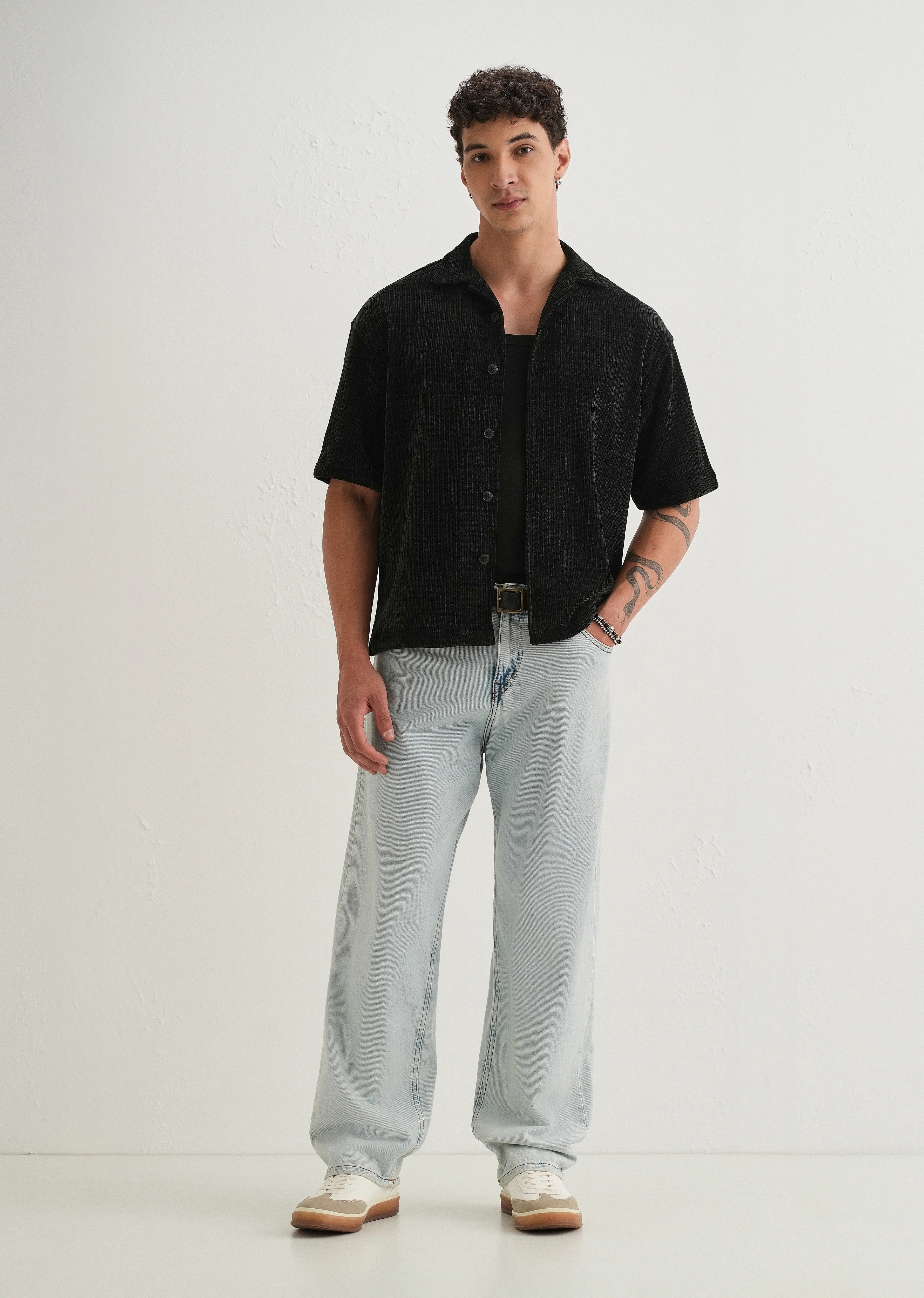 Black Suede Knit Half Sleeve Shirt - Image 6