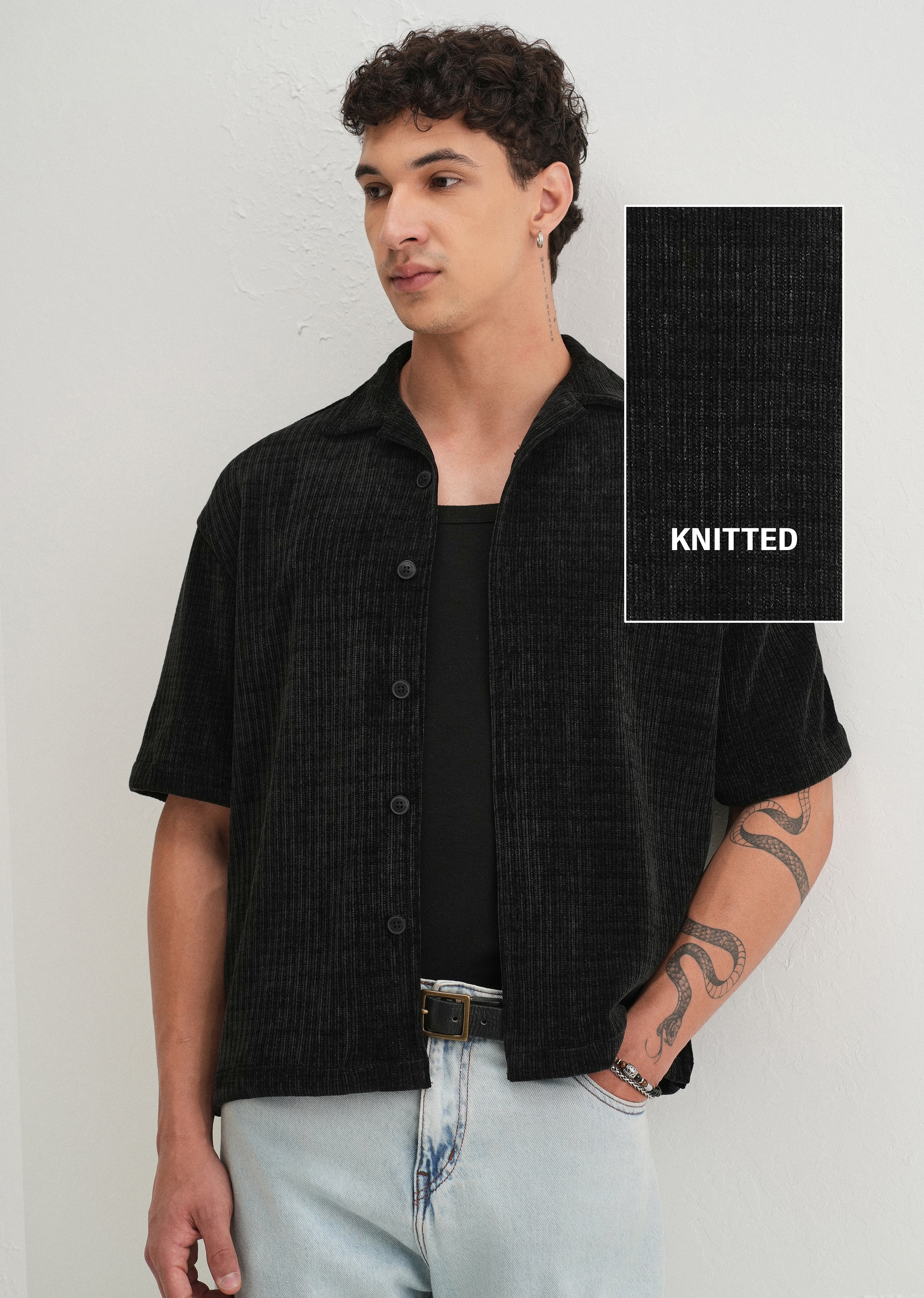 Black Suede Knit Half Sleeve Shirt - Image 7