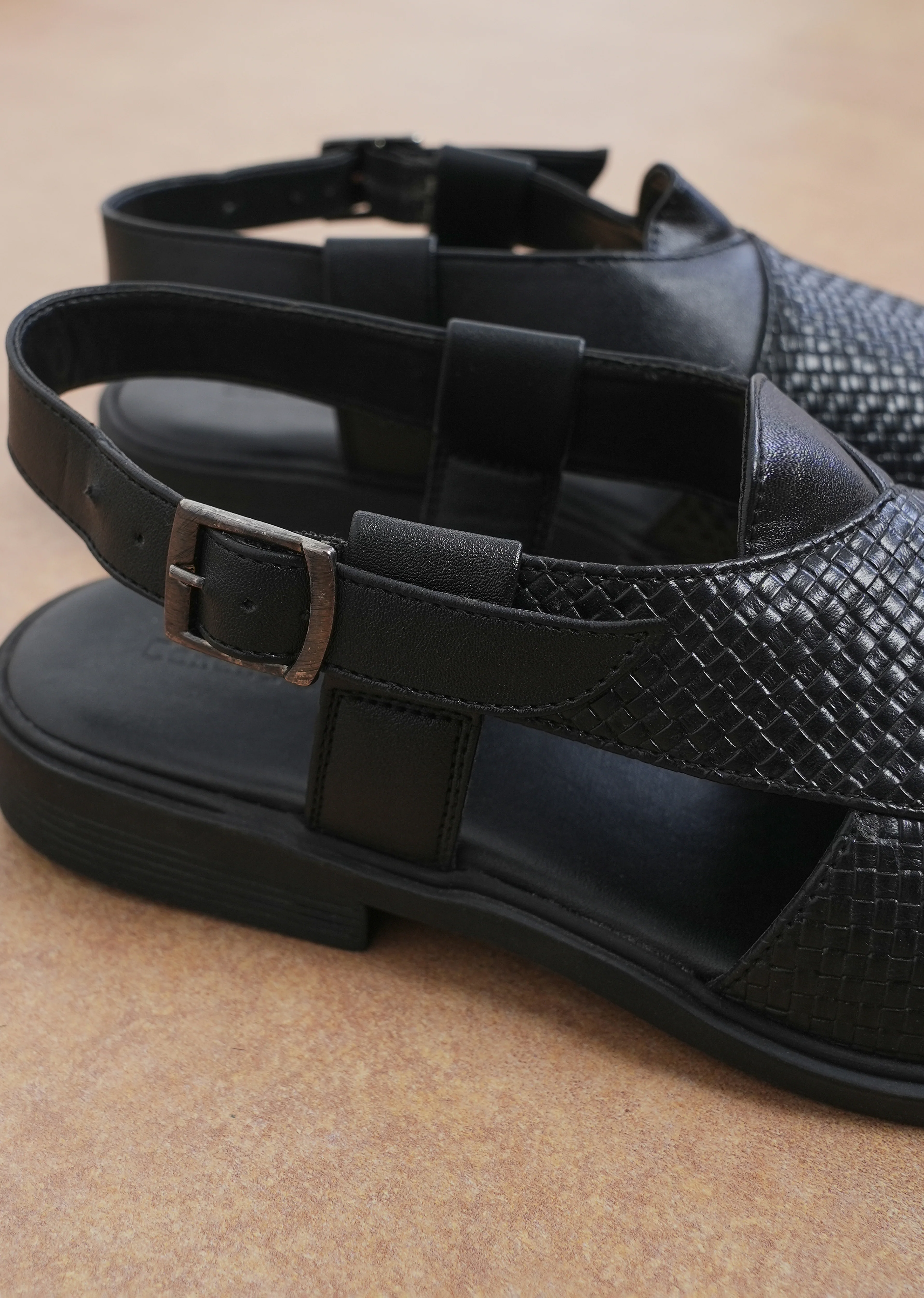 Black Textured Back Strap Comfort Sandals - Image 5