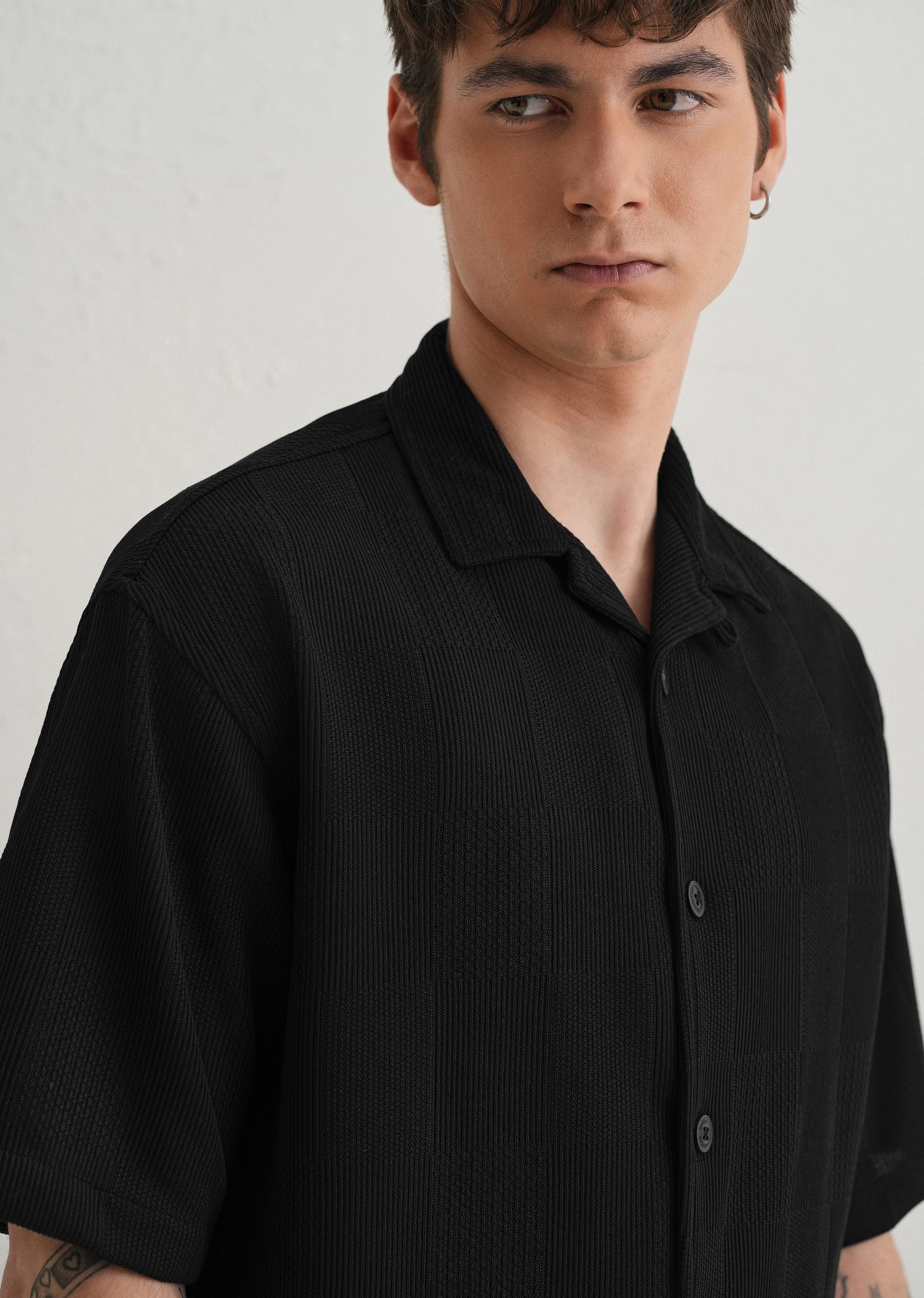 Black Textured Check Knit Shirt - Image 2
