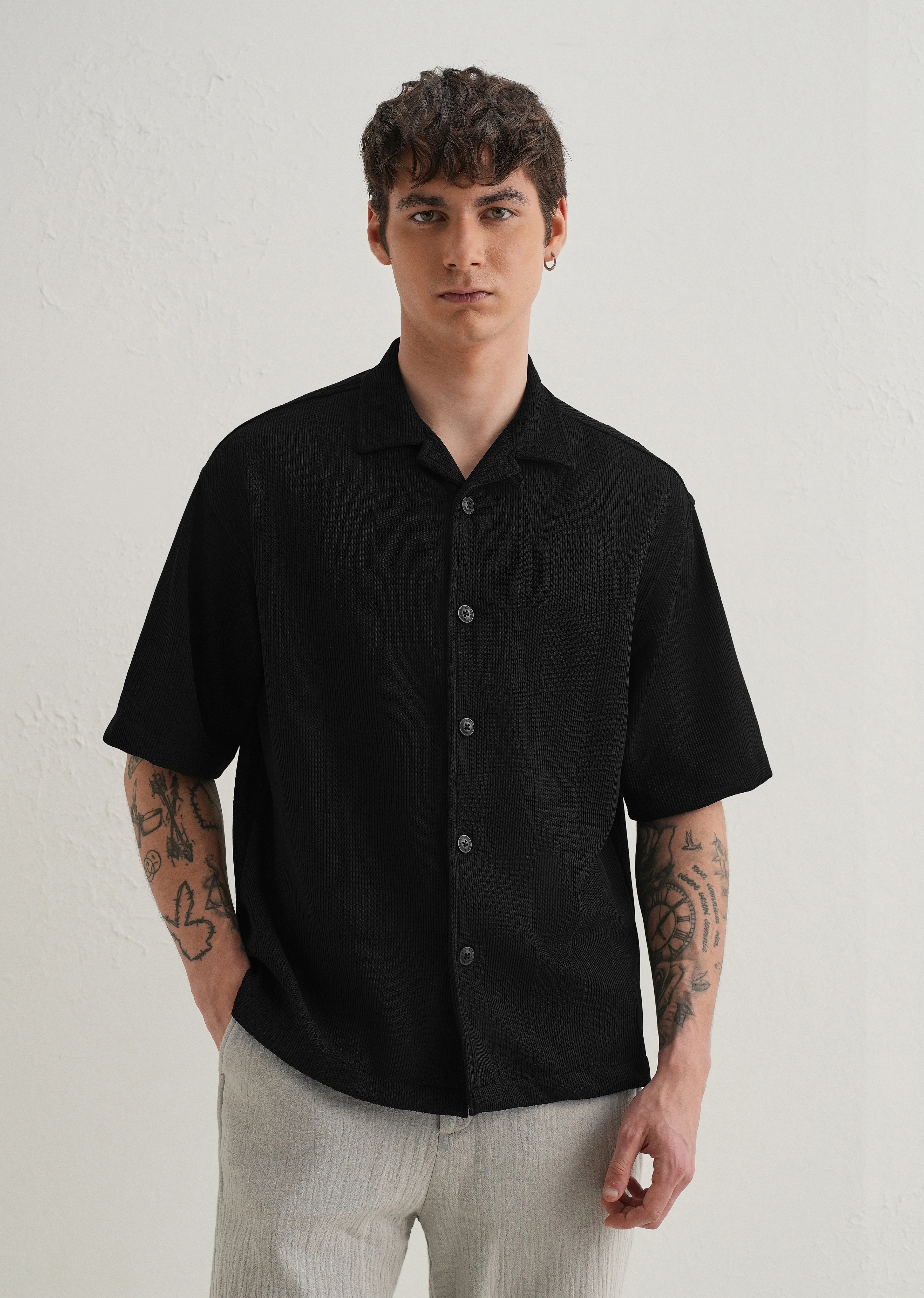 Black Textured Check Knit Shirt - Image 4