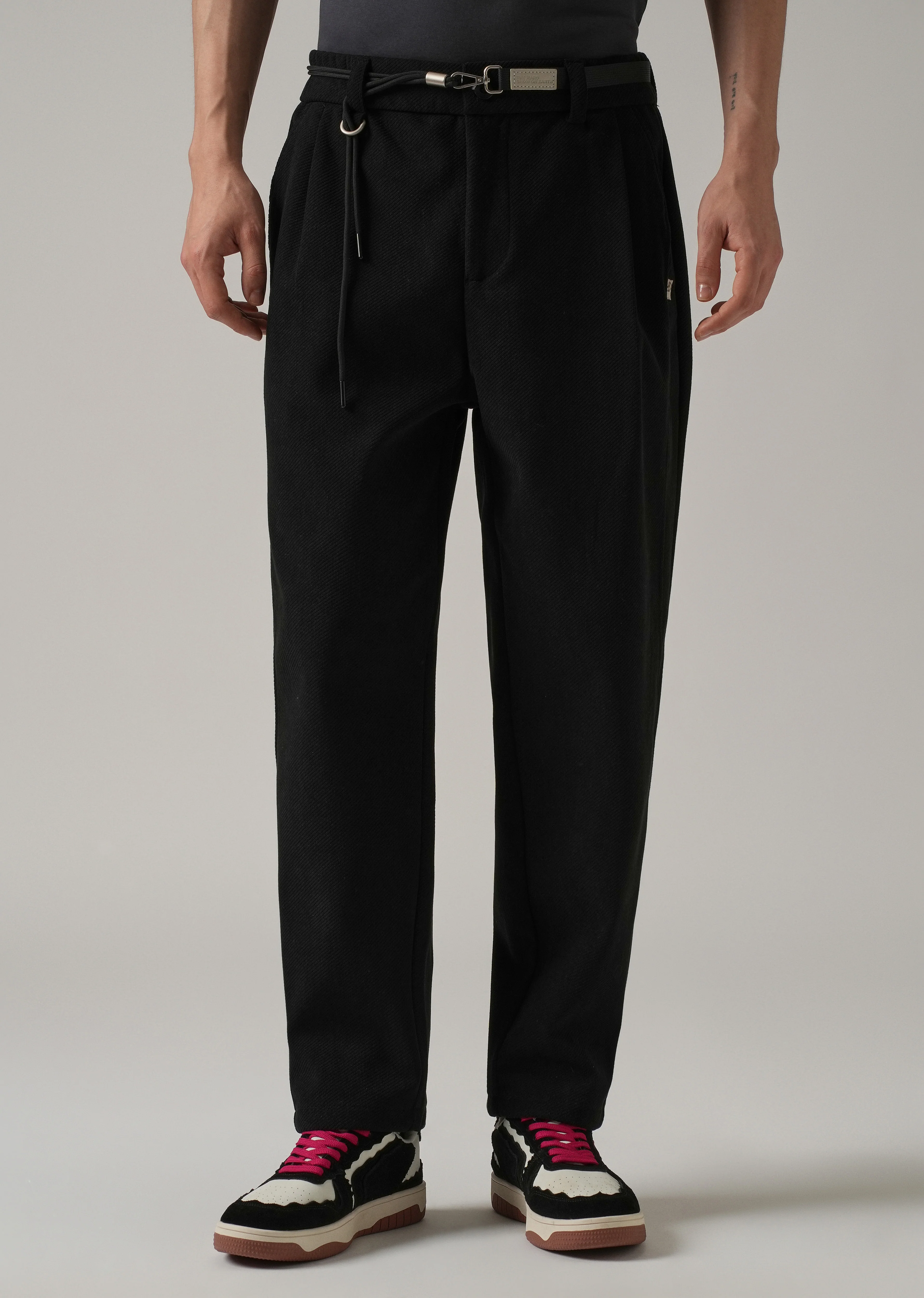 Black Textured Corduroy Belt Pant - Image 3
