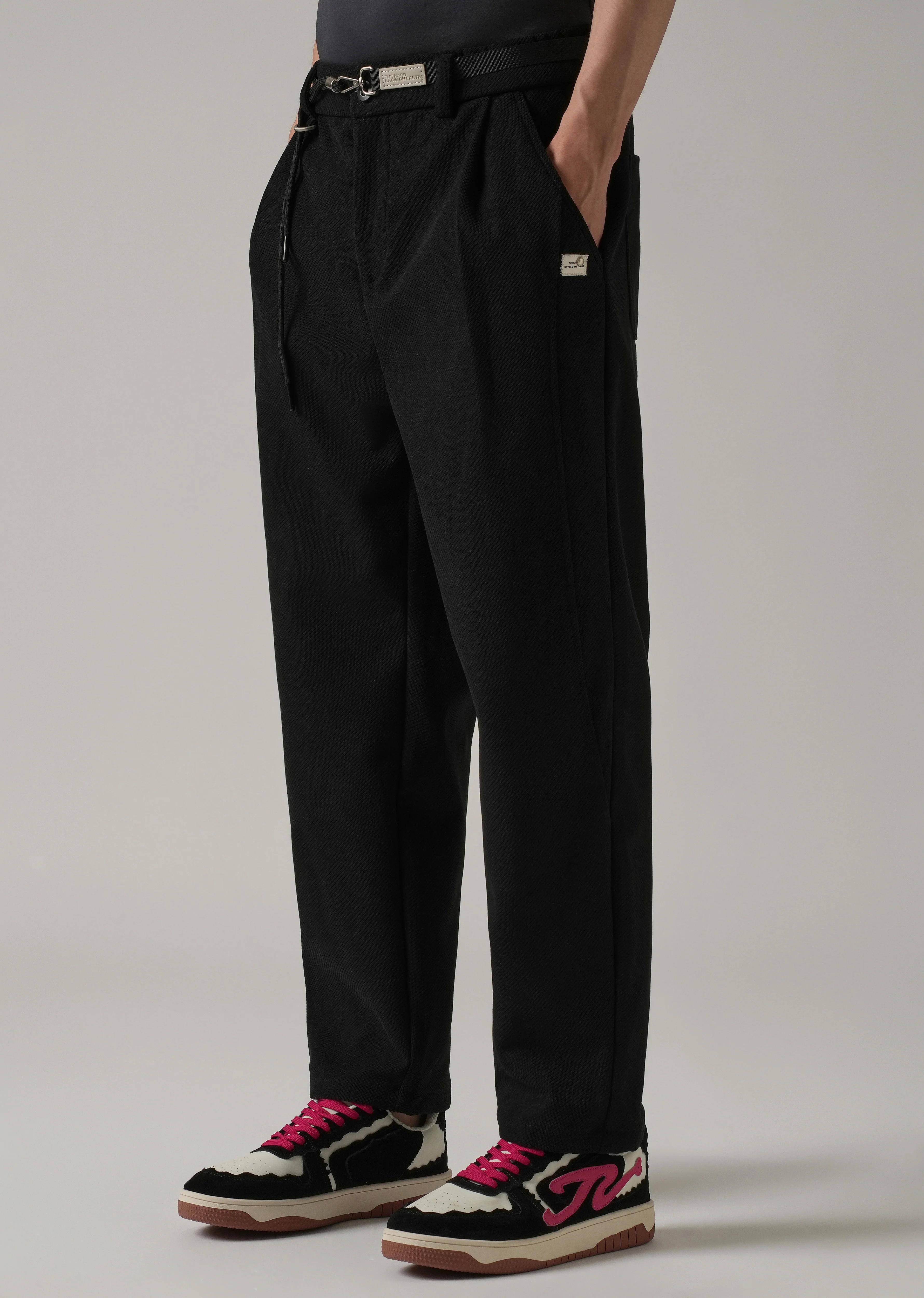 Black Textured Corduroy Belt Pant - Image 4