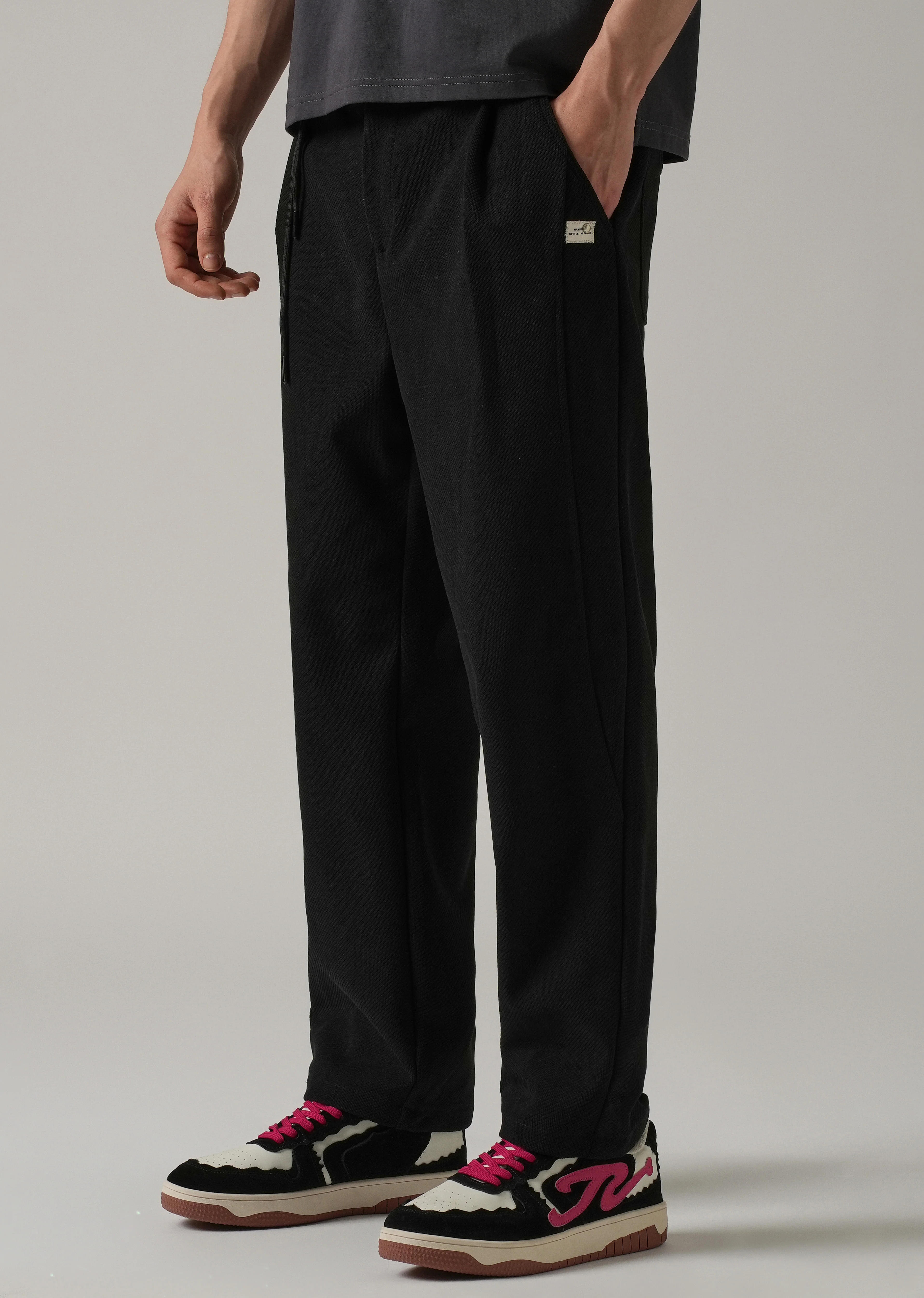 Black Textured Corduroy Belt Pant - Image 7