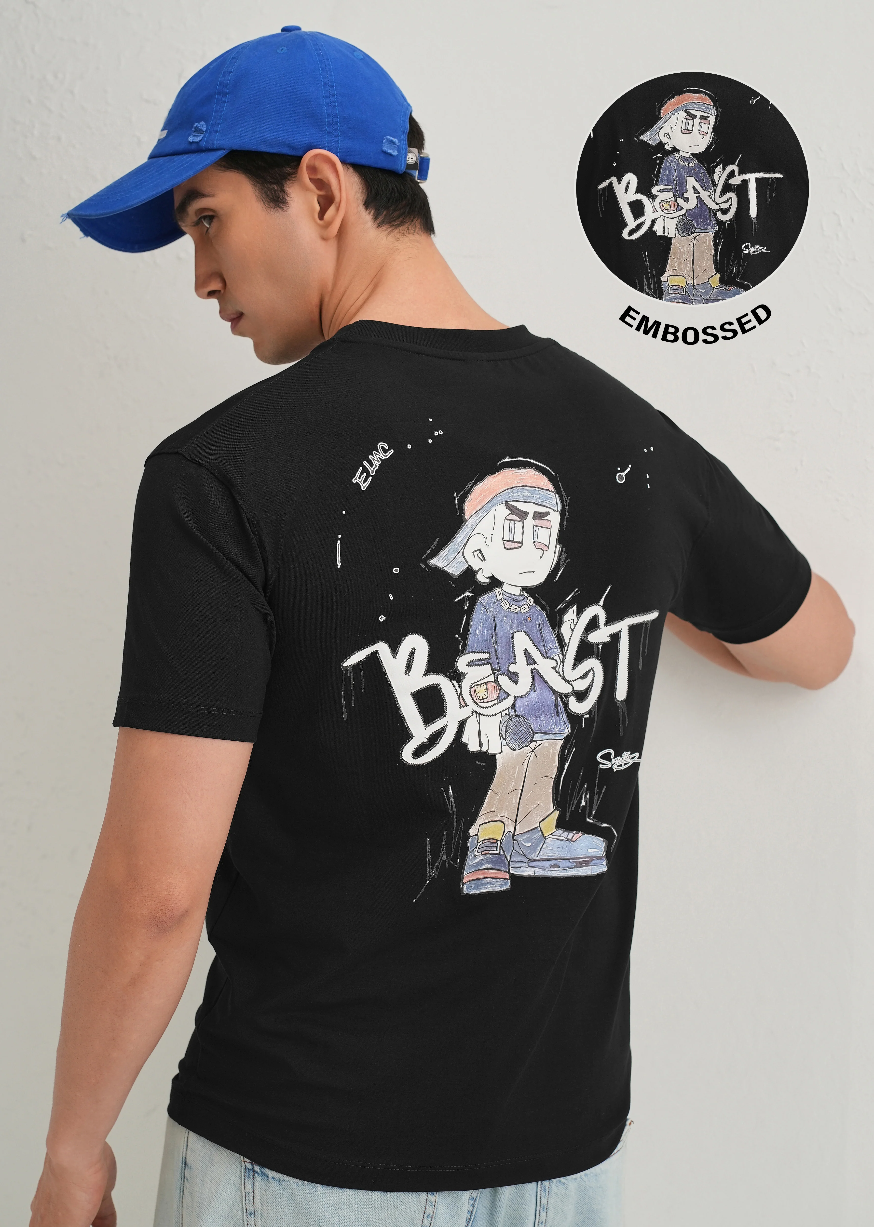 Black Textured Embossed Print T-Shirt - Image 8