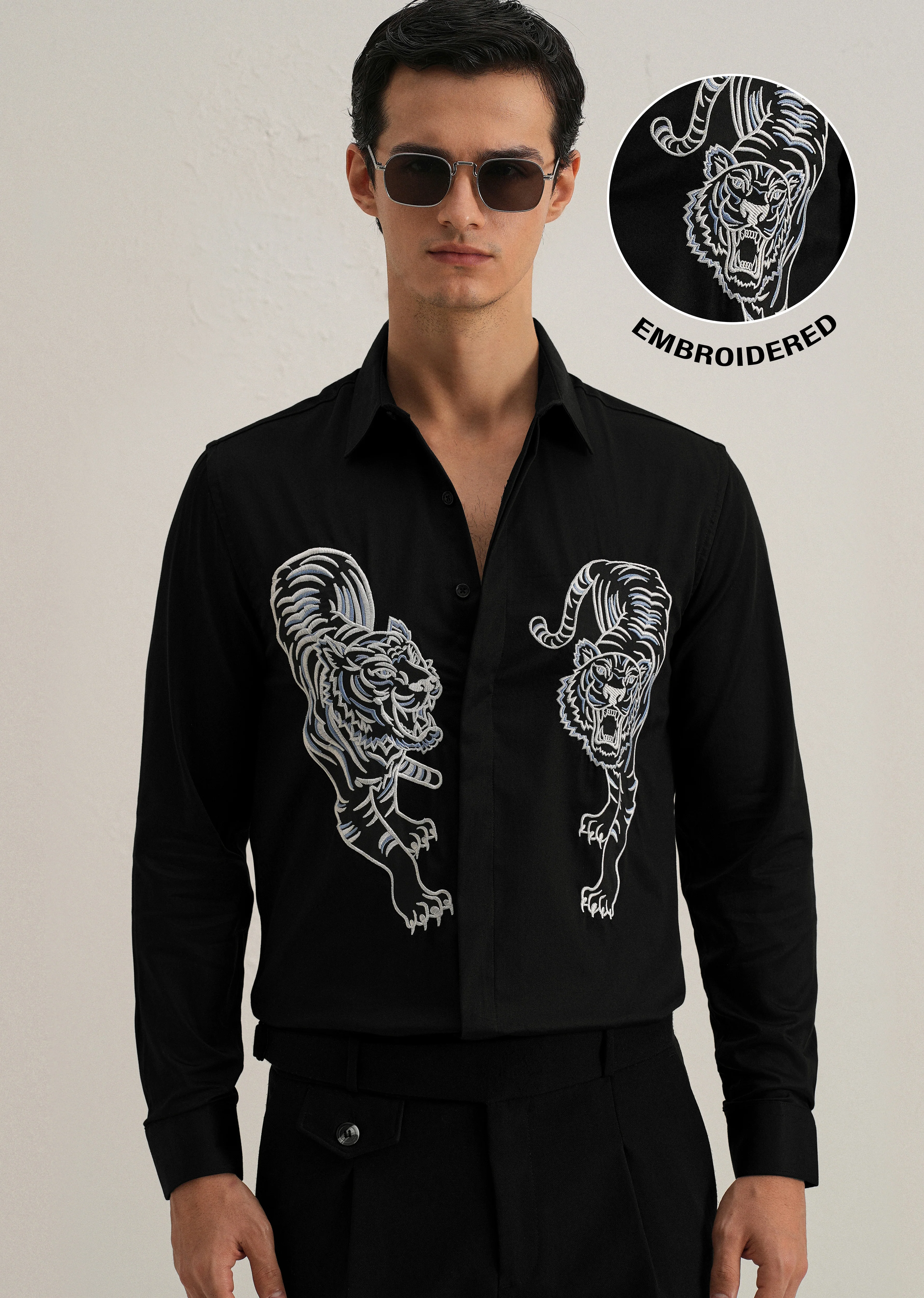 Black Tiger Embroidered Designer Shirt - Image 7