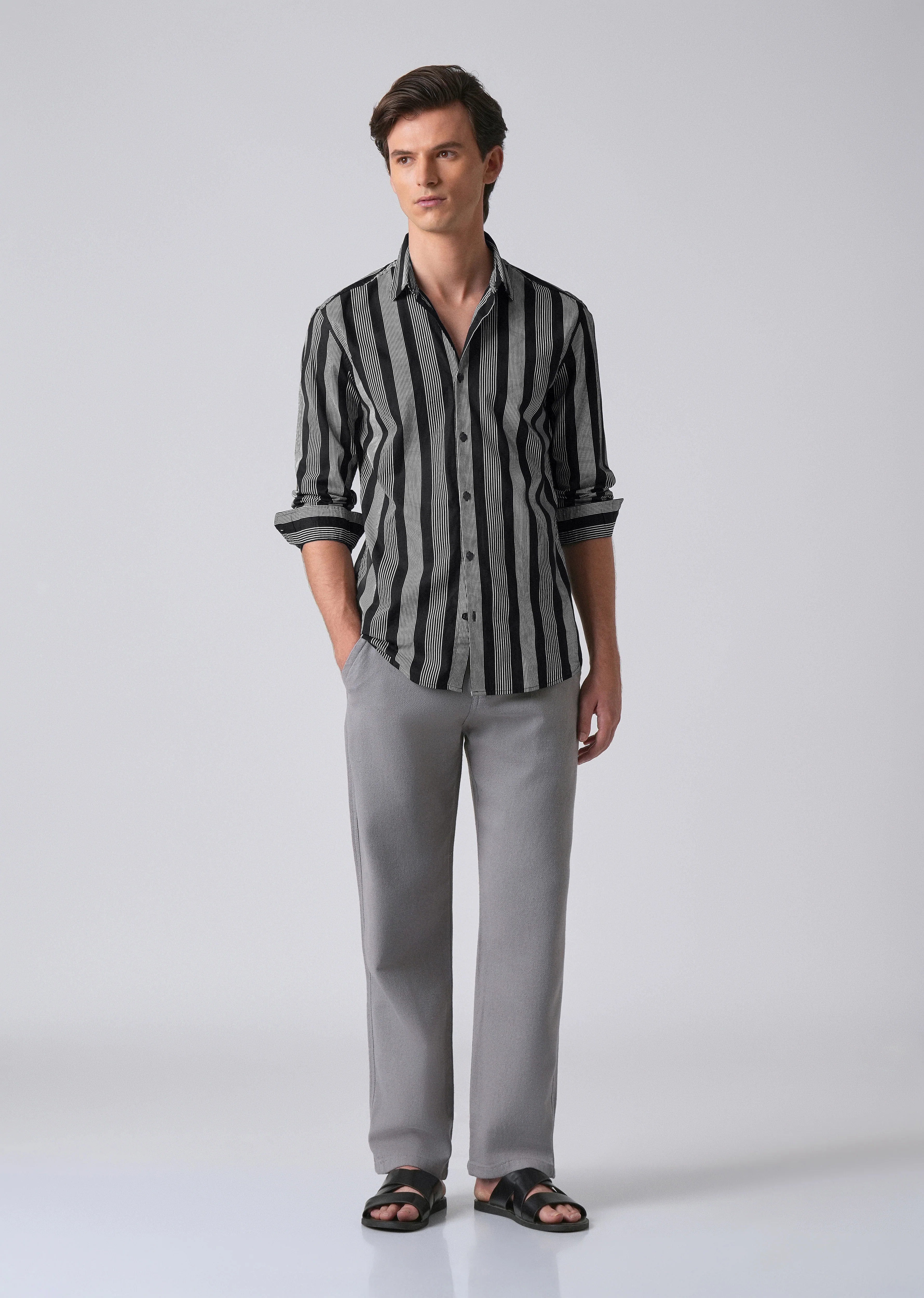 Black Vertical Pin Stripe Cotton/Linen Shirt - Image 6