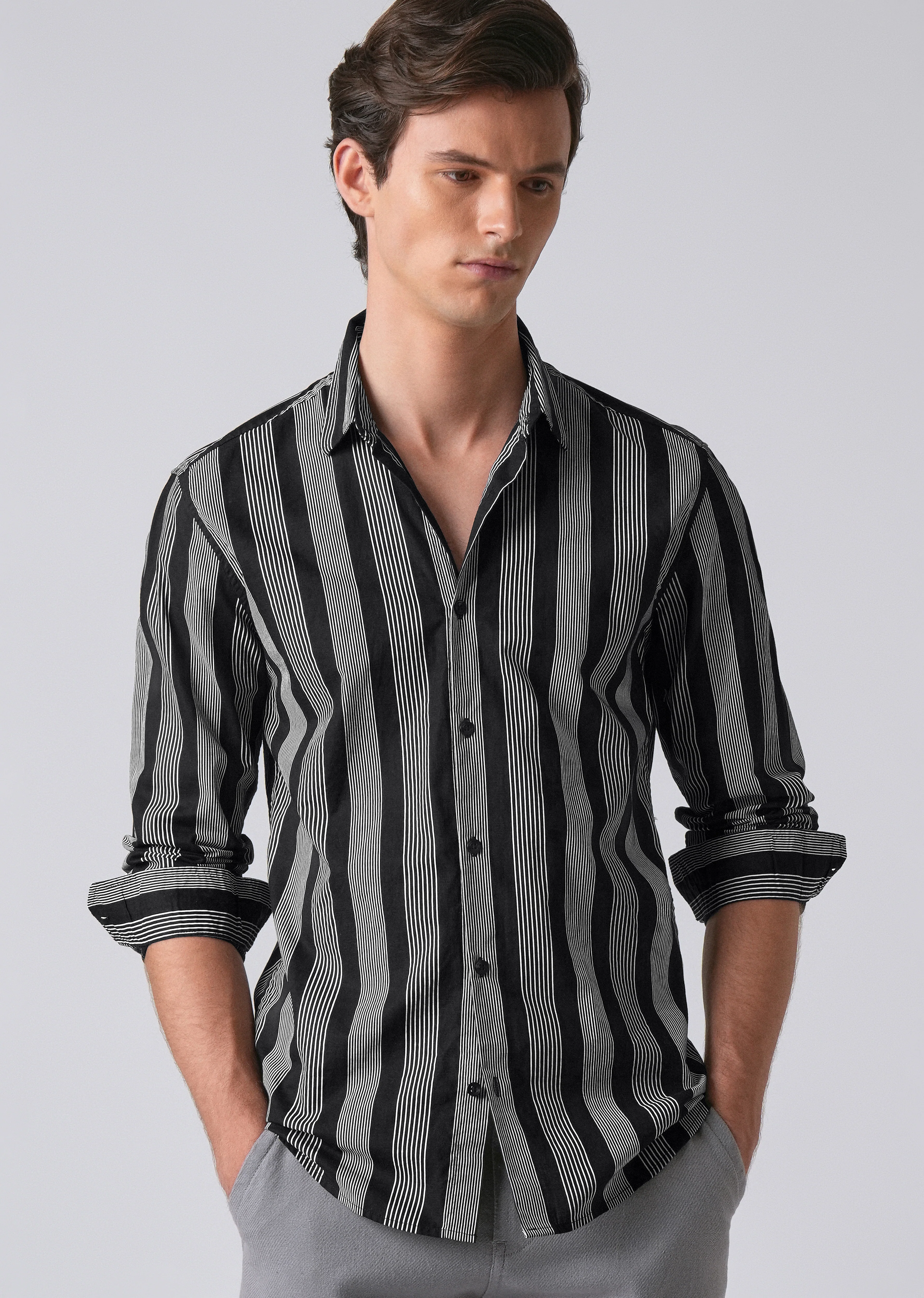 Black Vertical Pin Stripe Cotton/Linen Shirt - Image 7