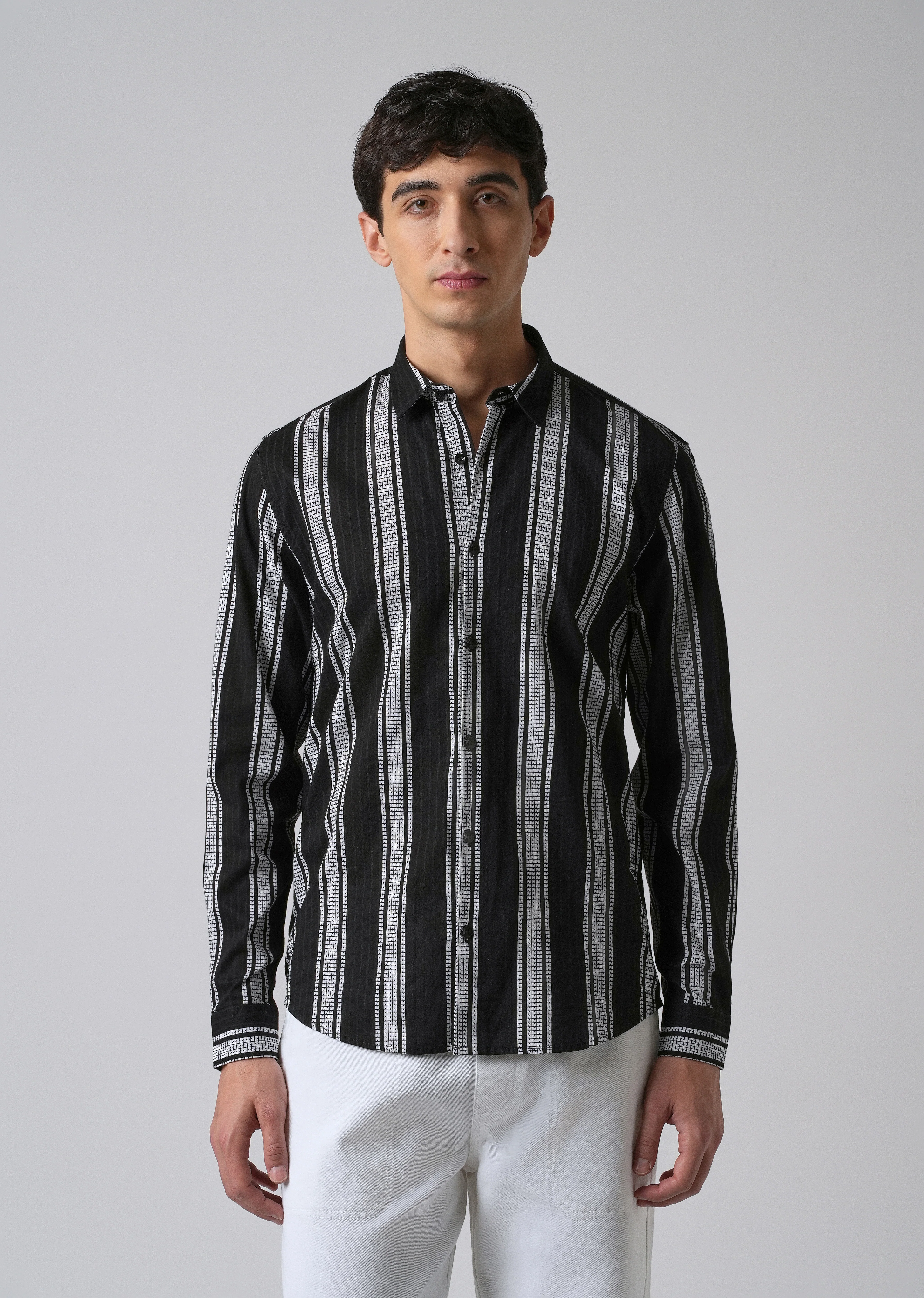 Black Vertical Stripe Cotton/Linen Shirt - Image 3