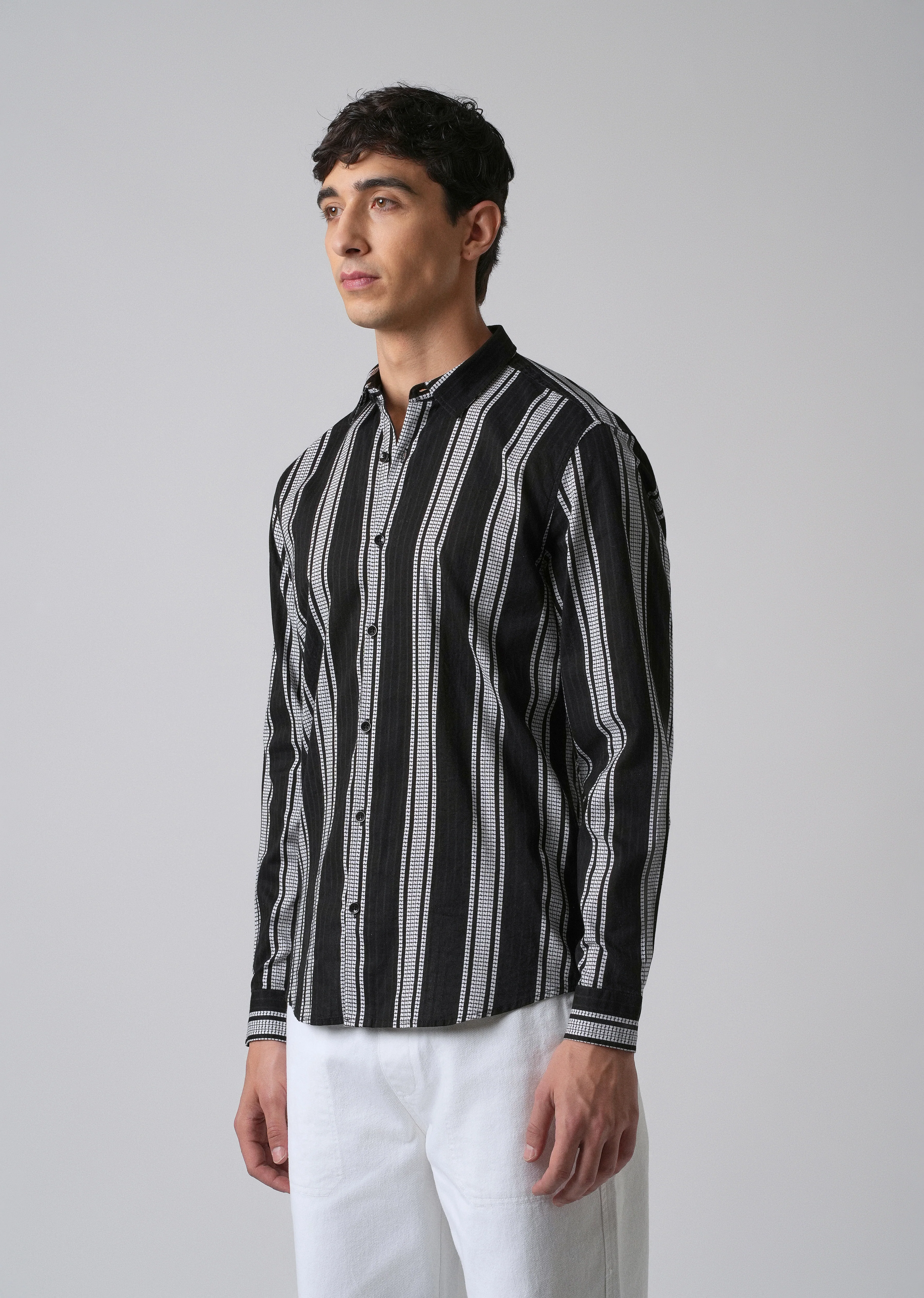 Black Vertical Stripe Cotton/Linen Shirt - Image 4
