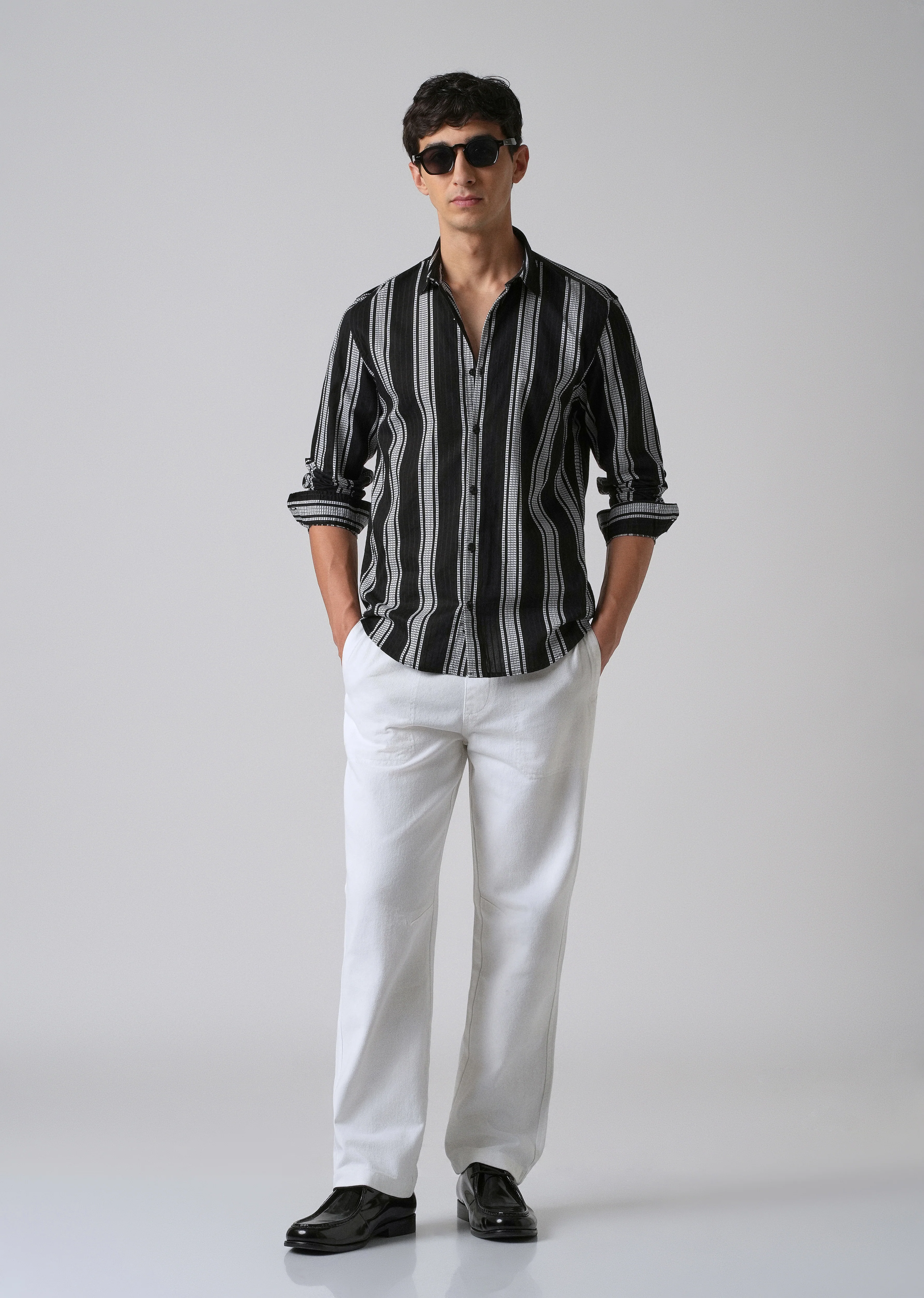 Black Vertical Stripe Cotton/Linen Shirt - Image 6