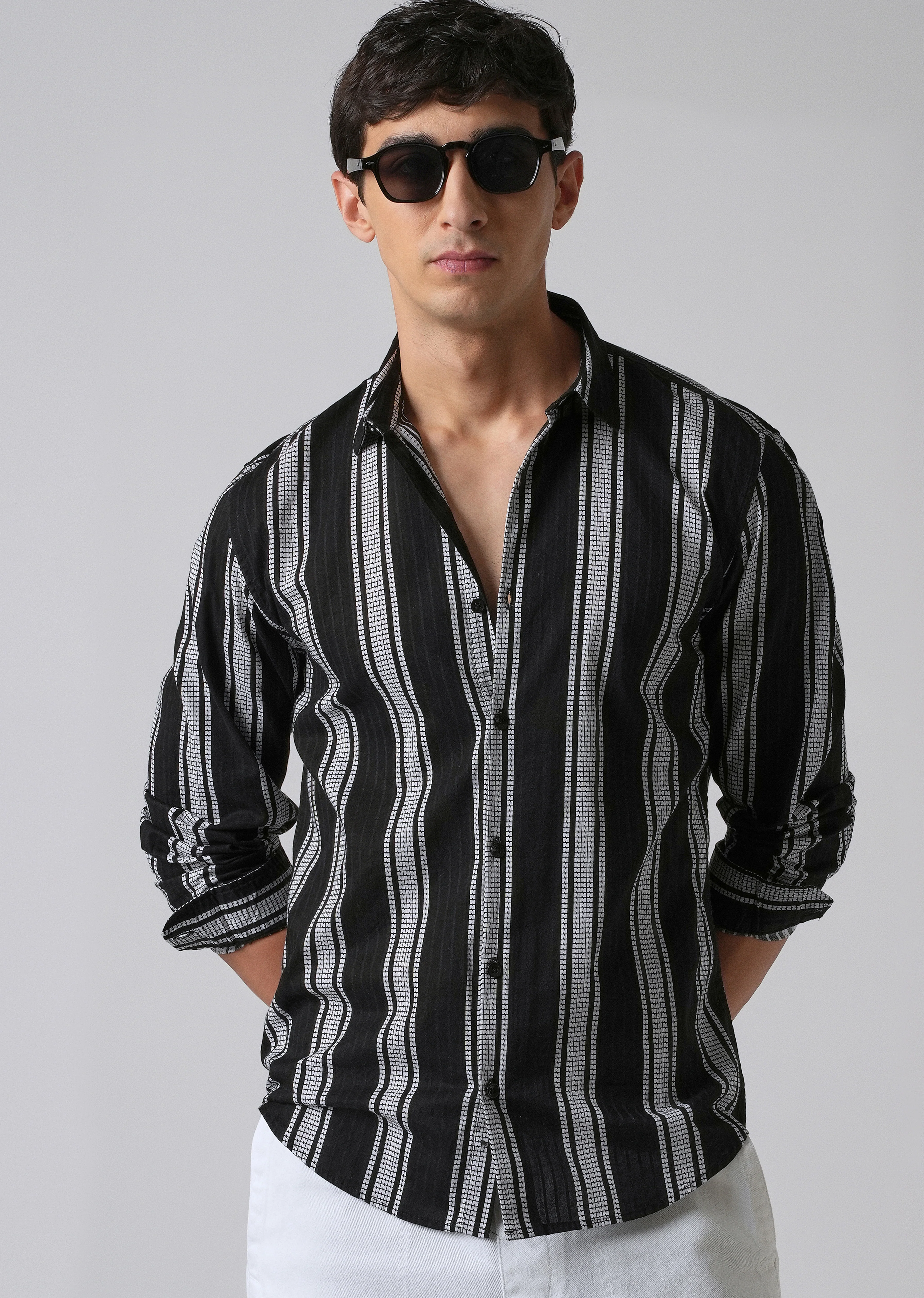 Black Vertical Stripe Cotton/Linen Shirt - Image 7