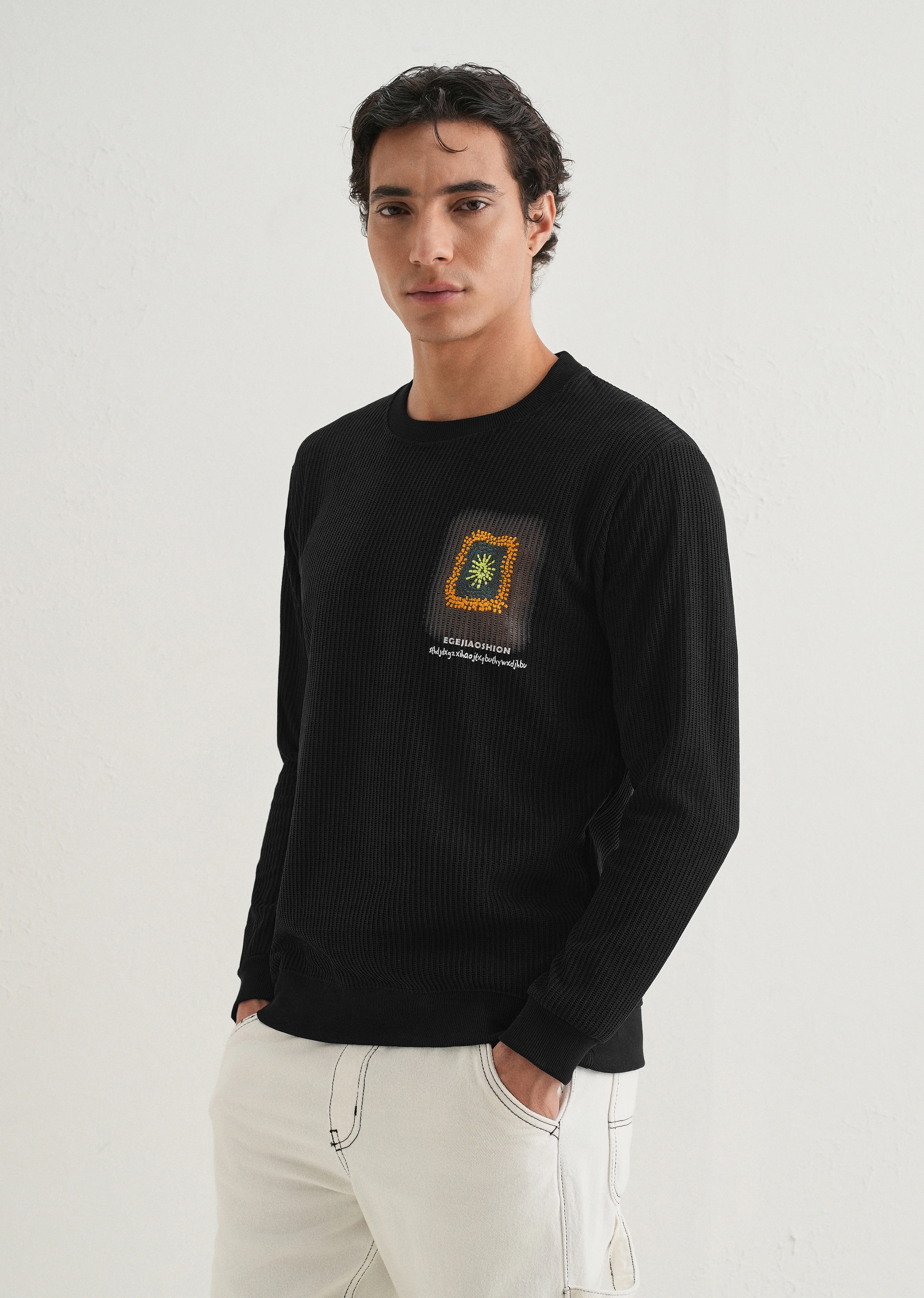 Black Waffle Knit Embroidered Pullover - Image 5