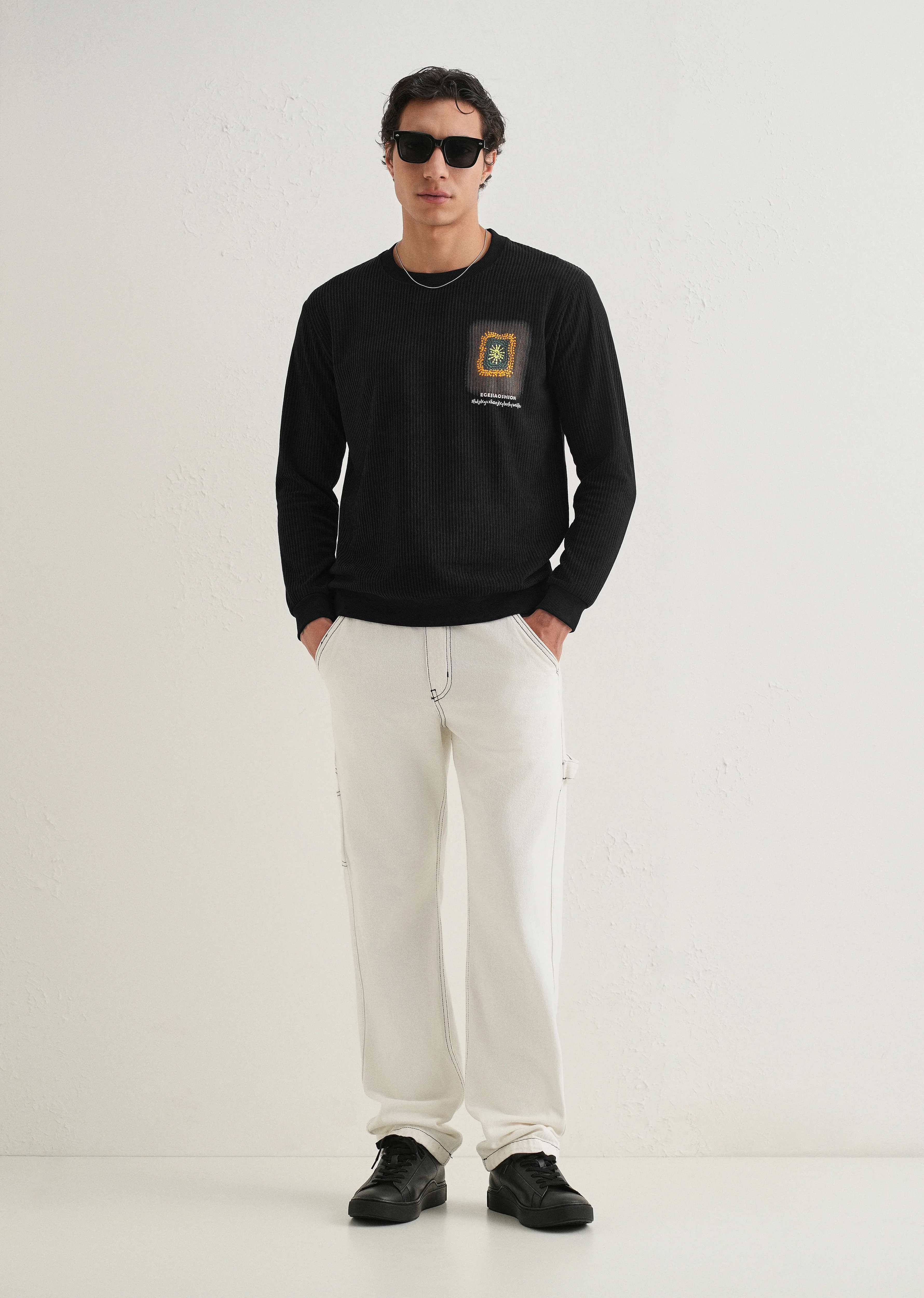 Black Waffle Knit Embroidered Pullover - Image 6