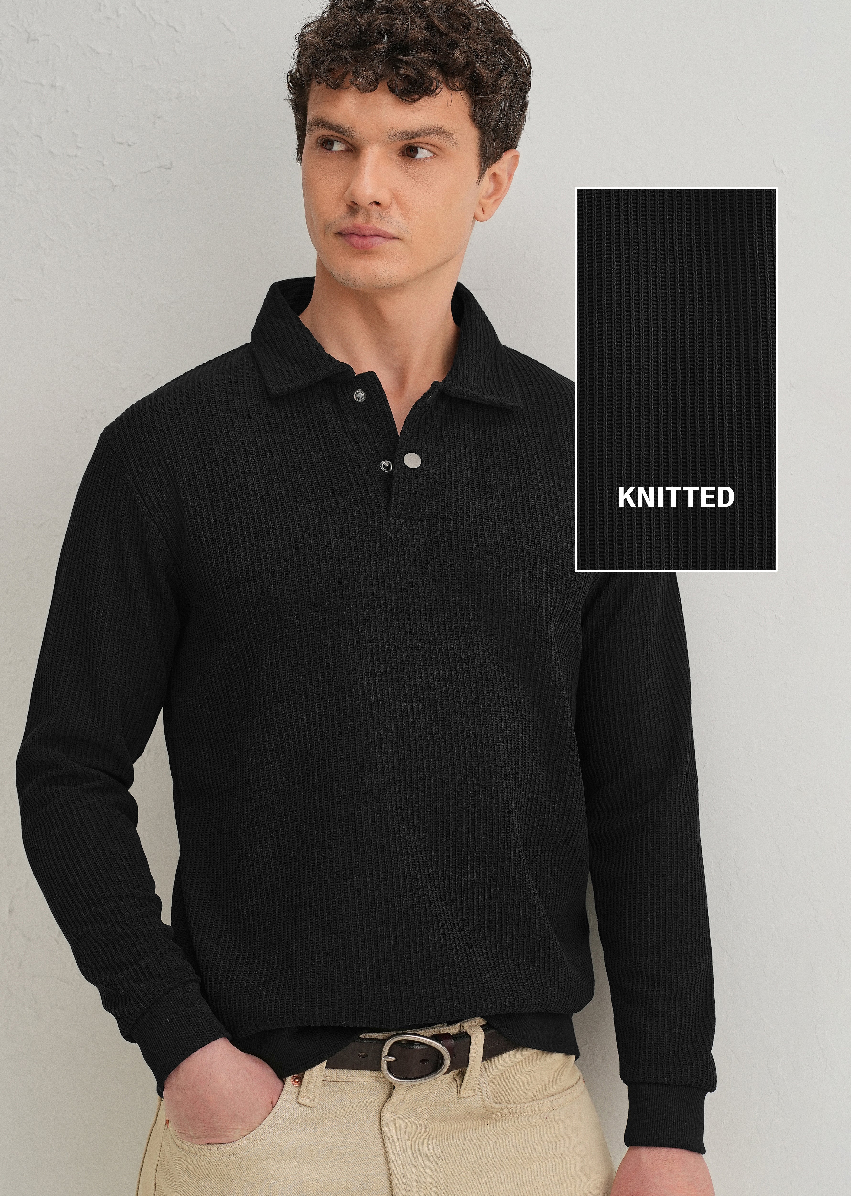 Black Waffle Knit Polo Sweatshirt - Image 10