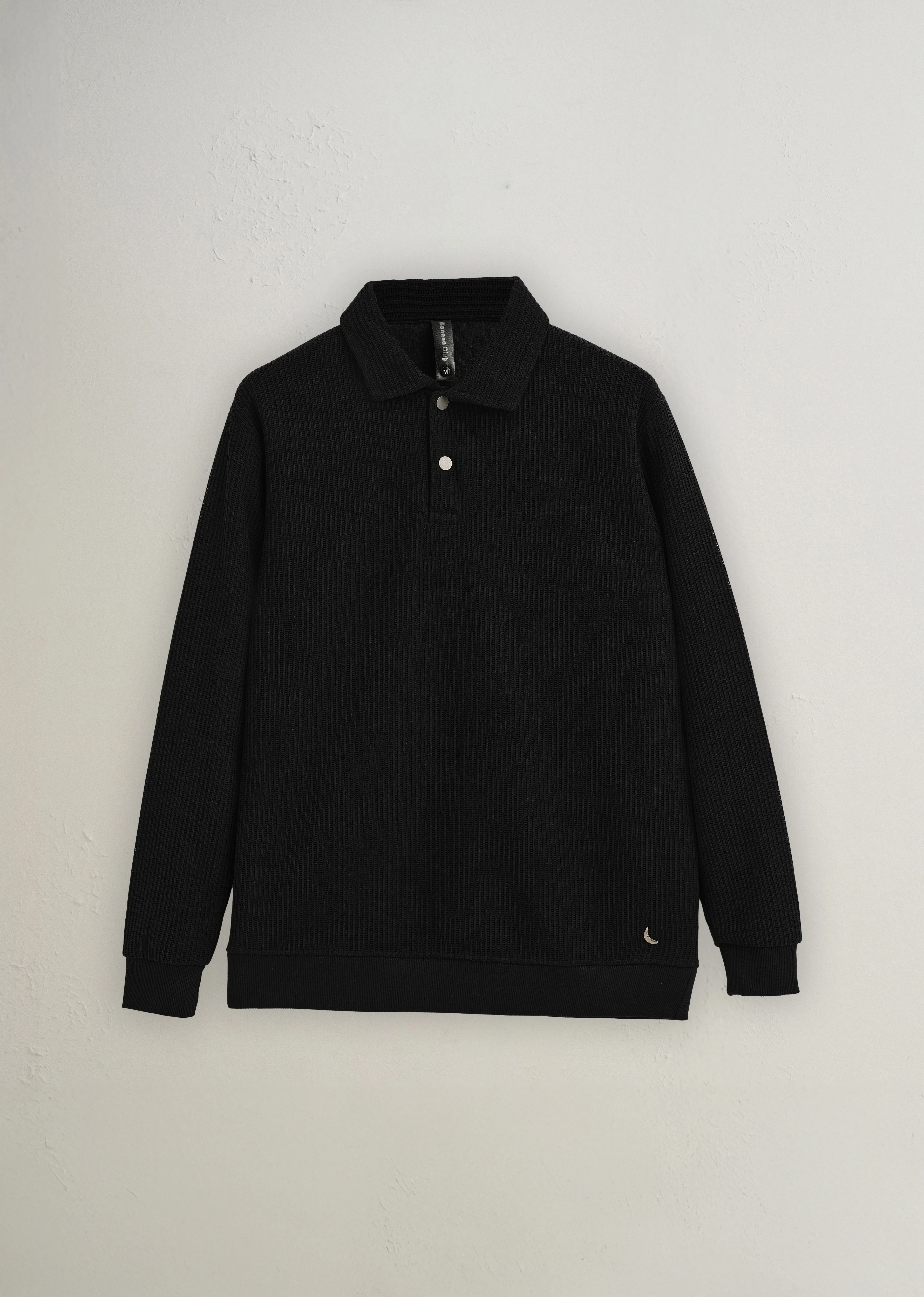 Black Waffle Knit Polo Sweatshirt - Image 2