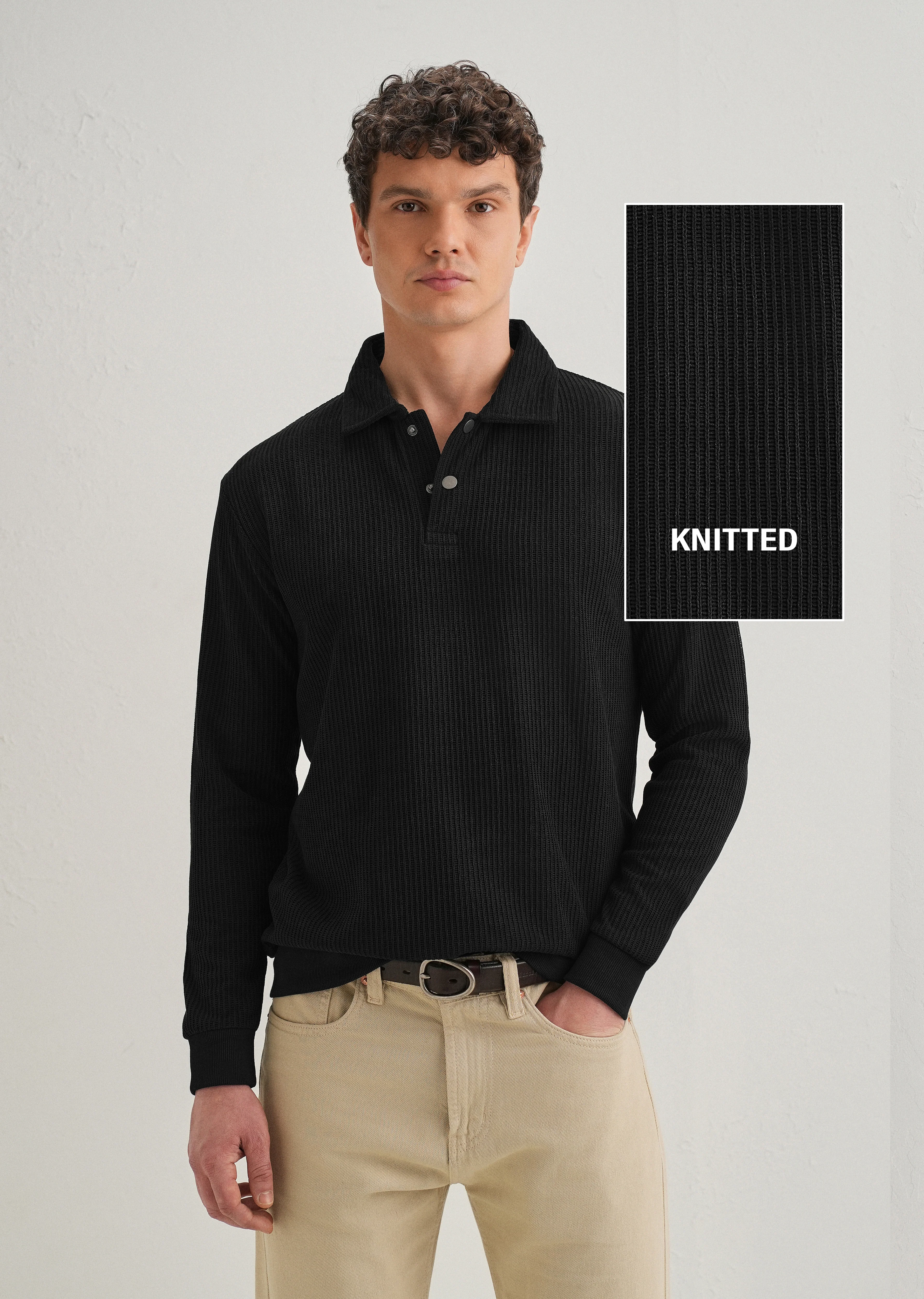 Black Waffle Knit Polo Sweatshirt - Image 3
