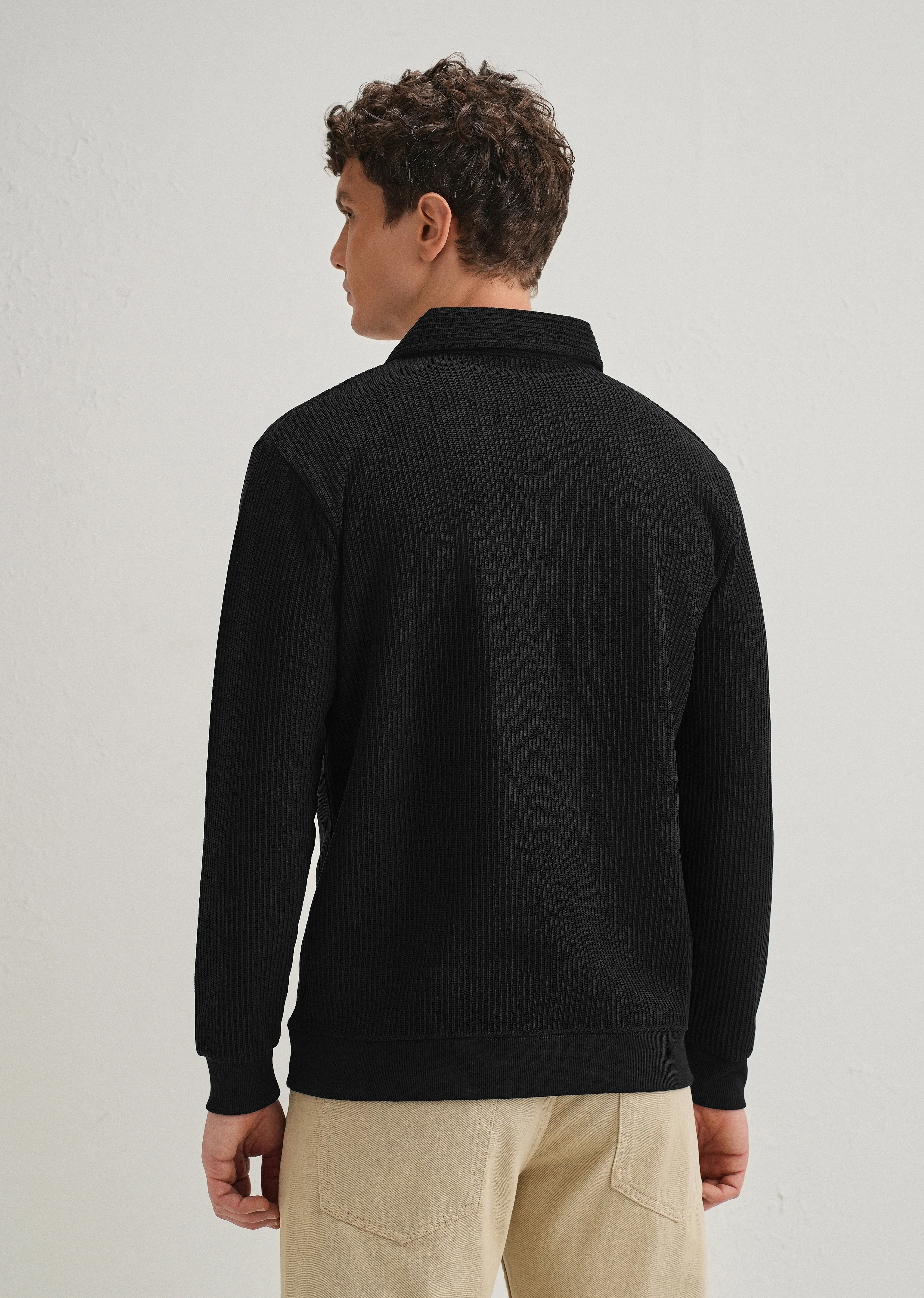 Black Waffle Knit Polo Sweatshirt - Image 5